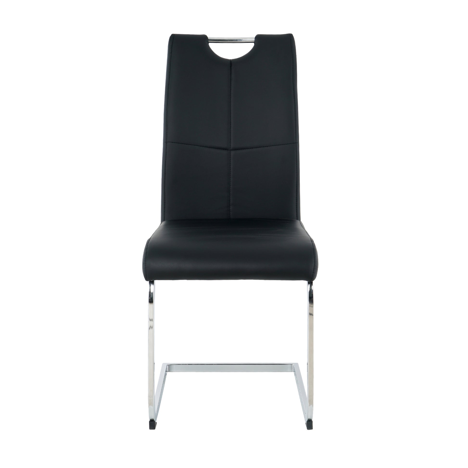 Black leather dining chair with chrome sled base