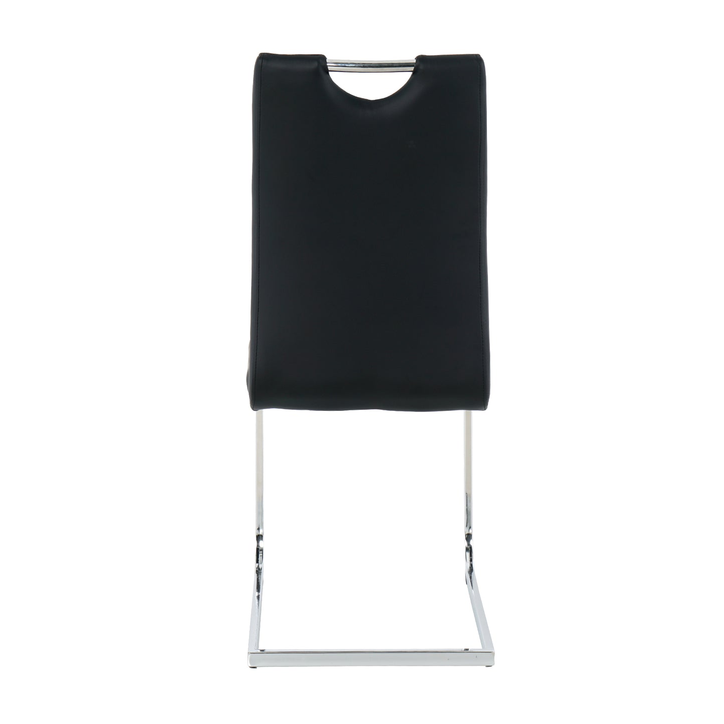 Black faux leather cantilever dining chair with chrome base and cutout handle