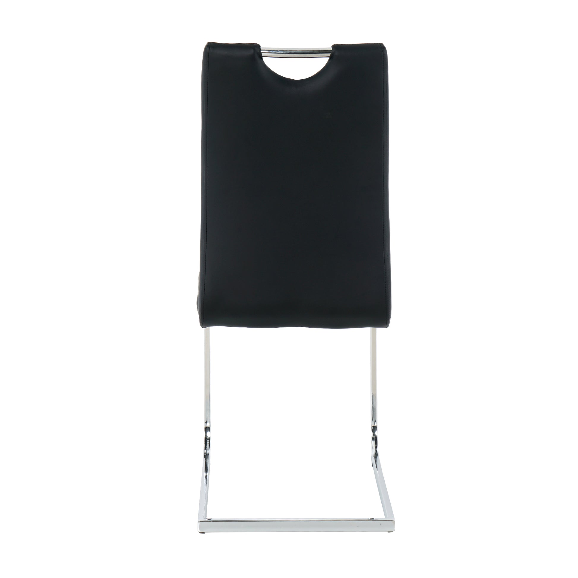 Black faux leather cantilever dining chair with chrome base and cutout handle