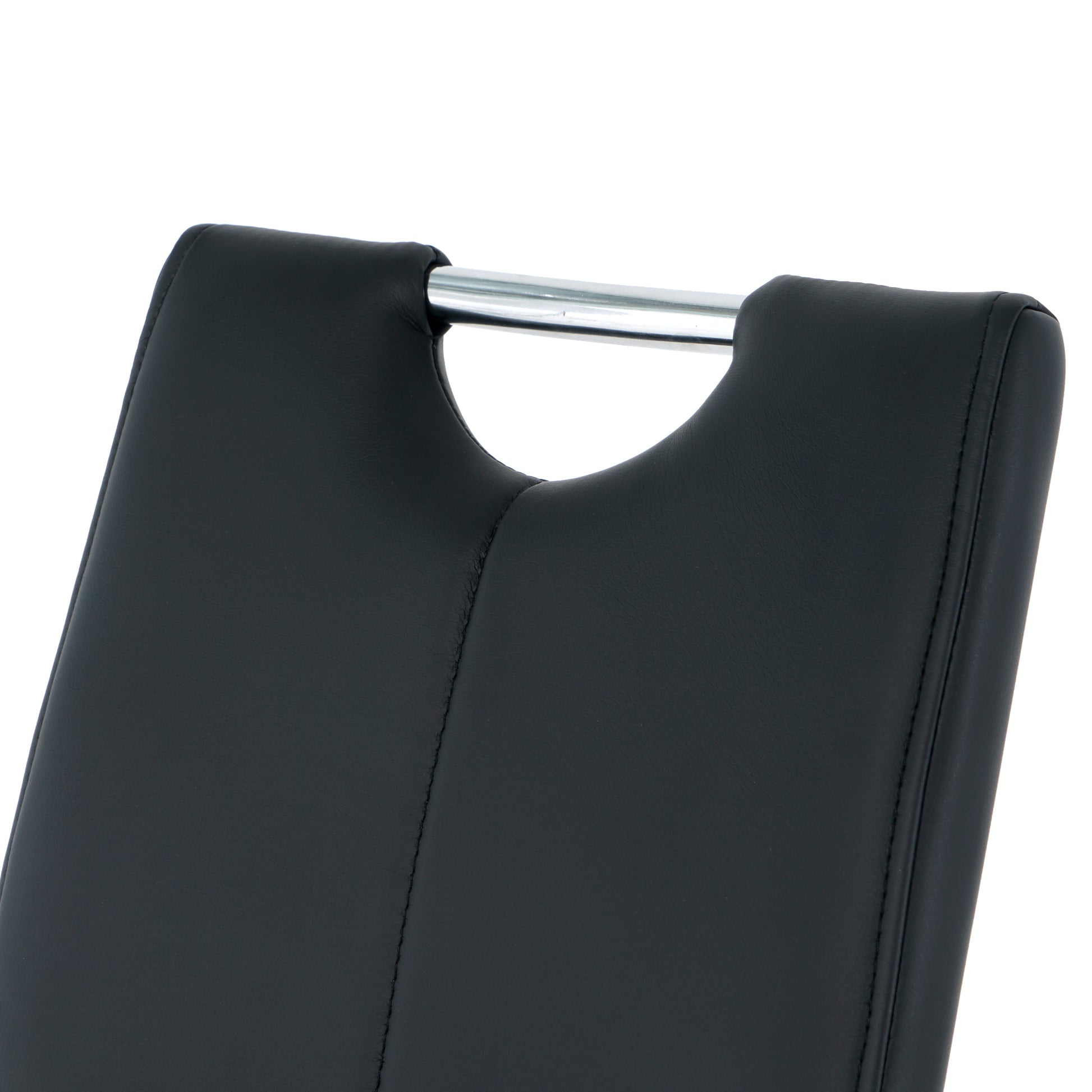Black faux leather dining chair back with chrome handle detail