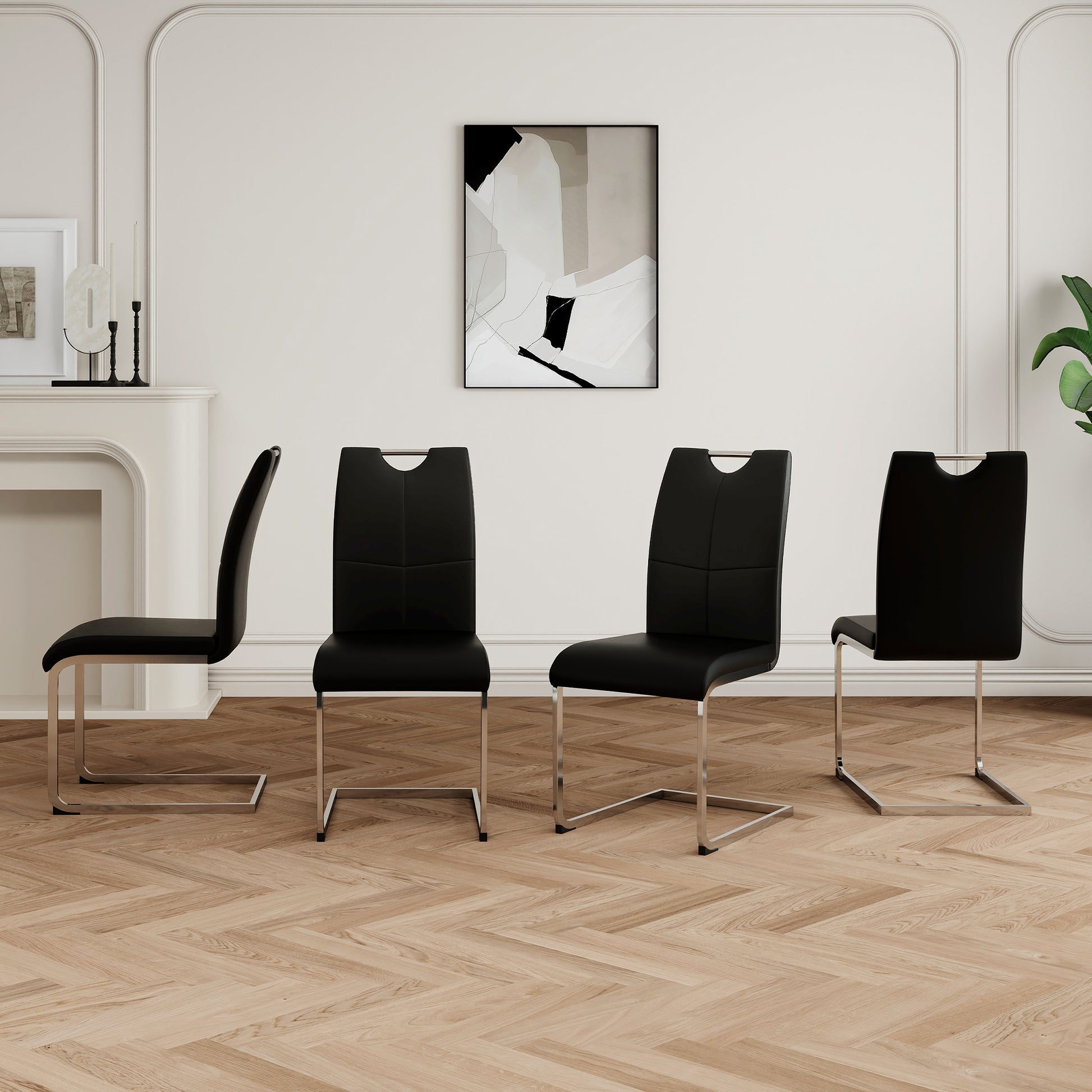 Black faux leather dining chair with chrome sled base