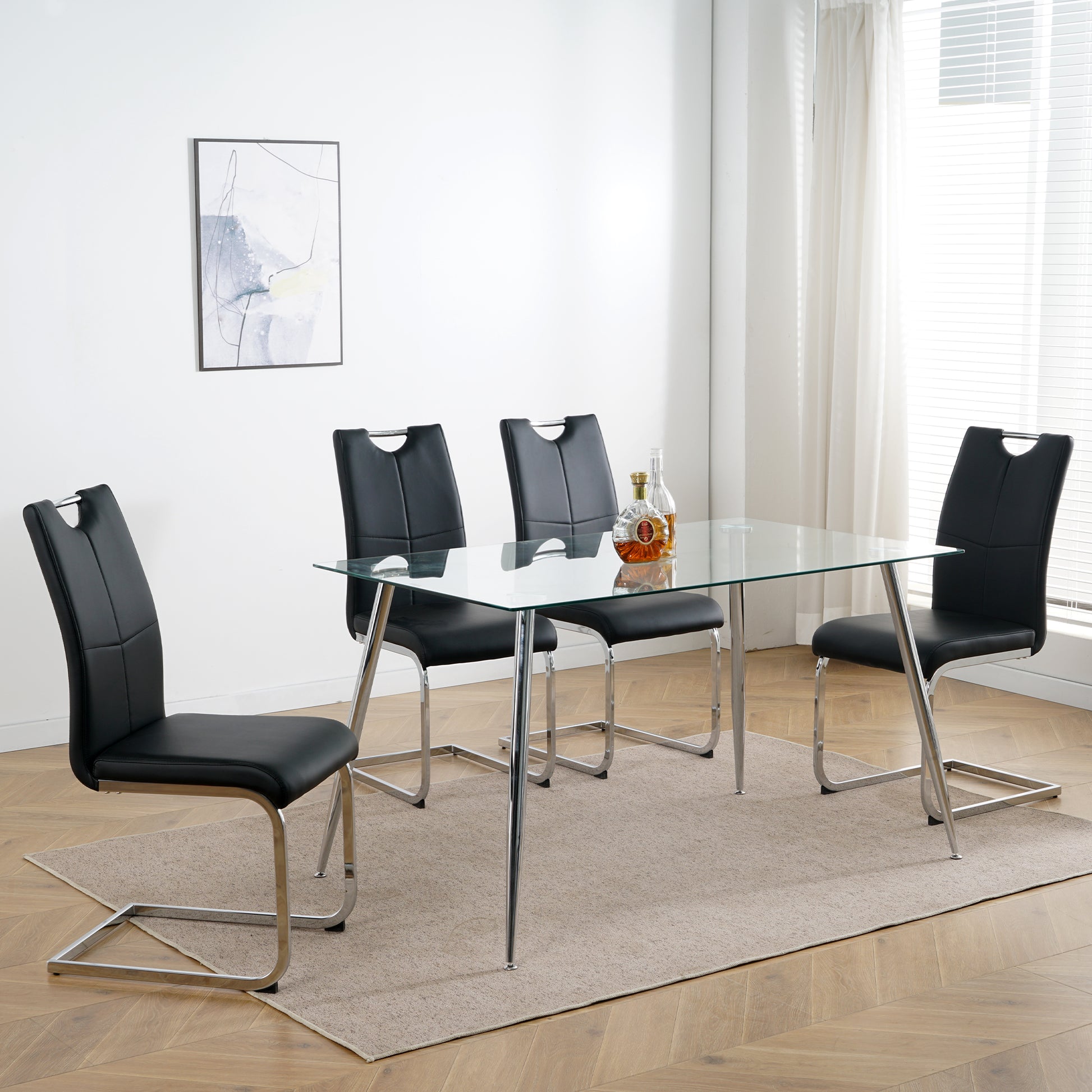 Black faux leather dining chair with chrome cantilever legs