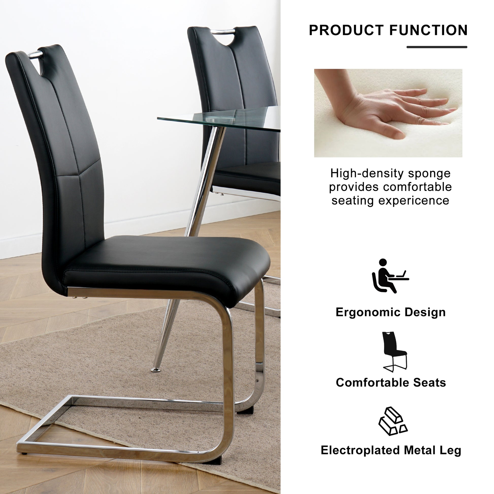 Black leather dining chair with chrome sled base