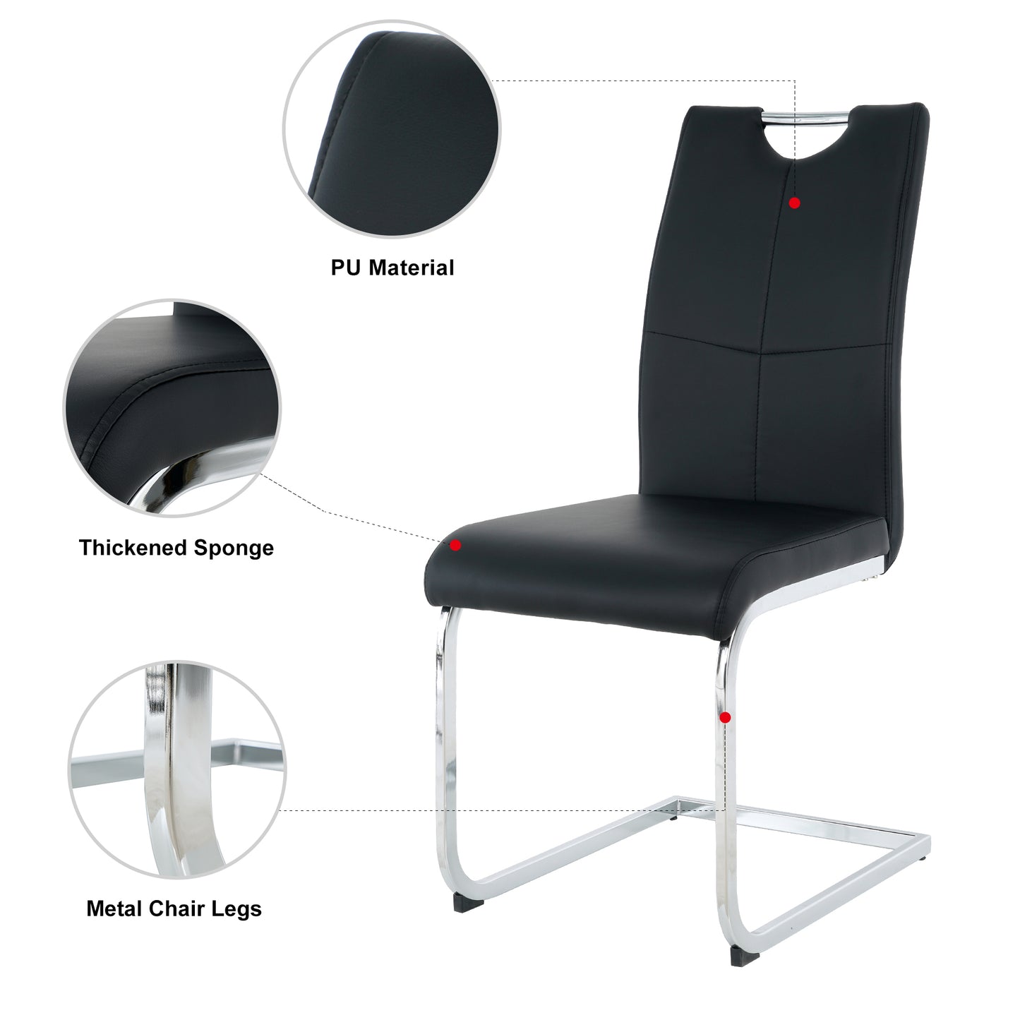 Black PU leather dining chair with thickened sponge seat and chrome cantilever legs