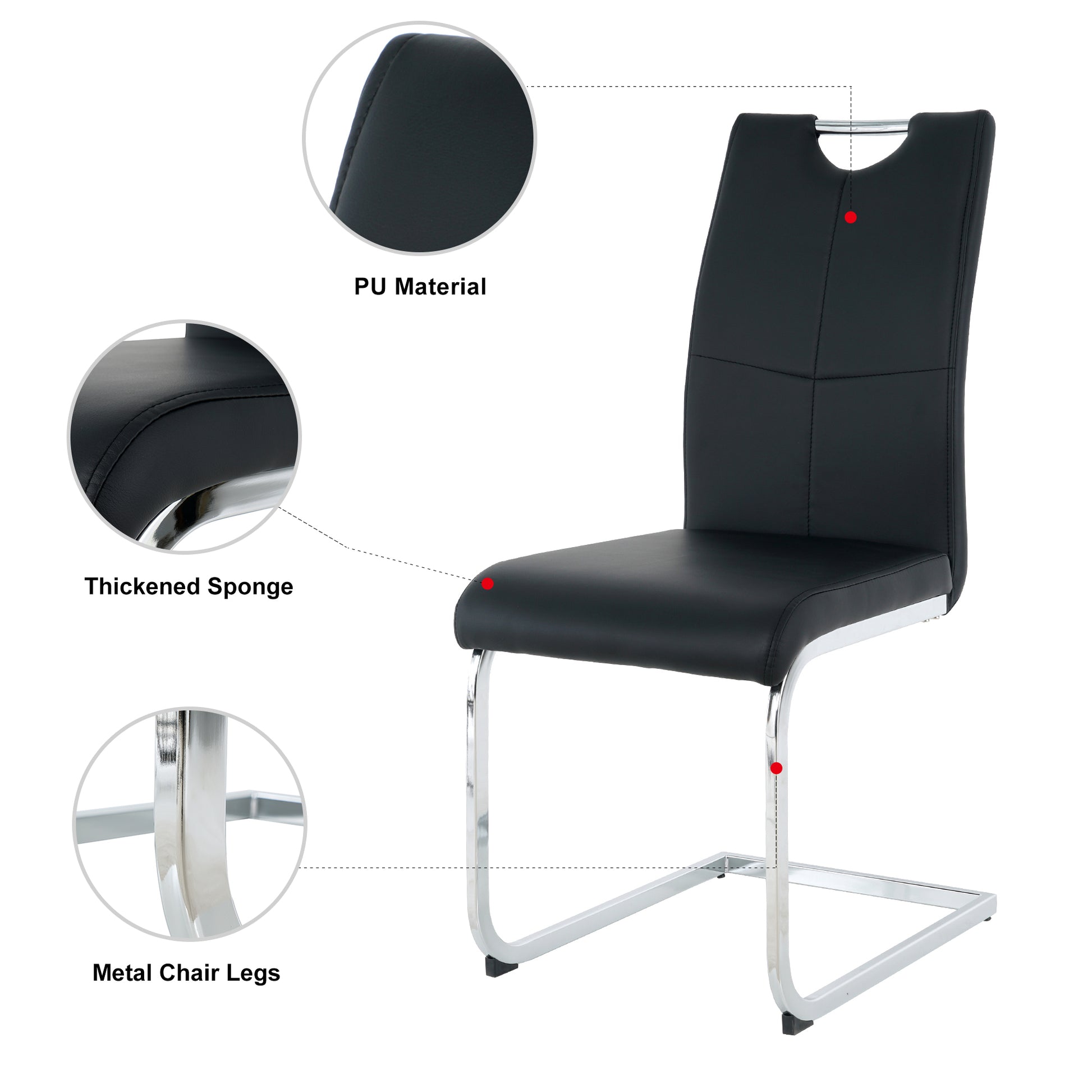 Black PU leather dining chair with thickened sponge seat and chrome cantilever legs