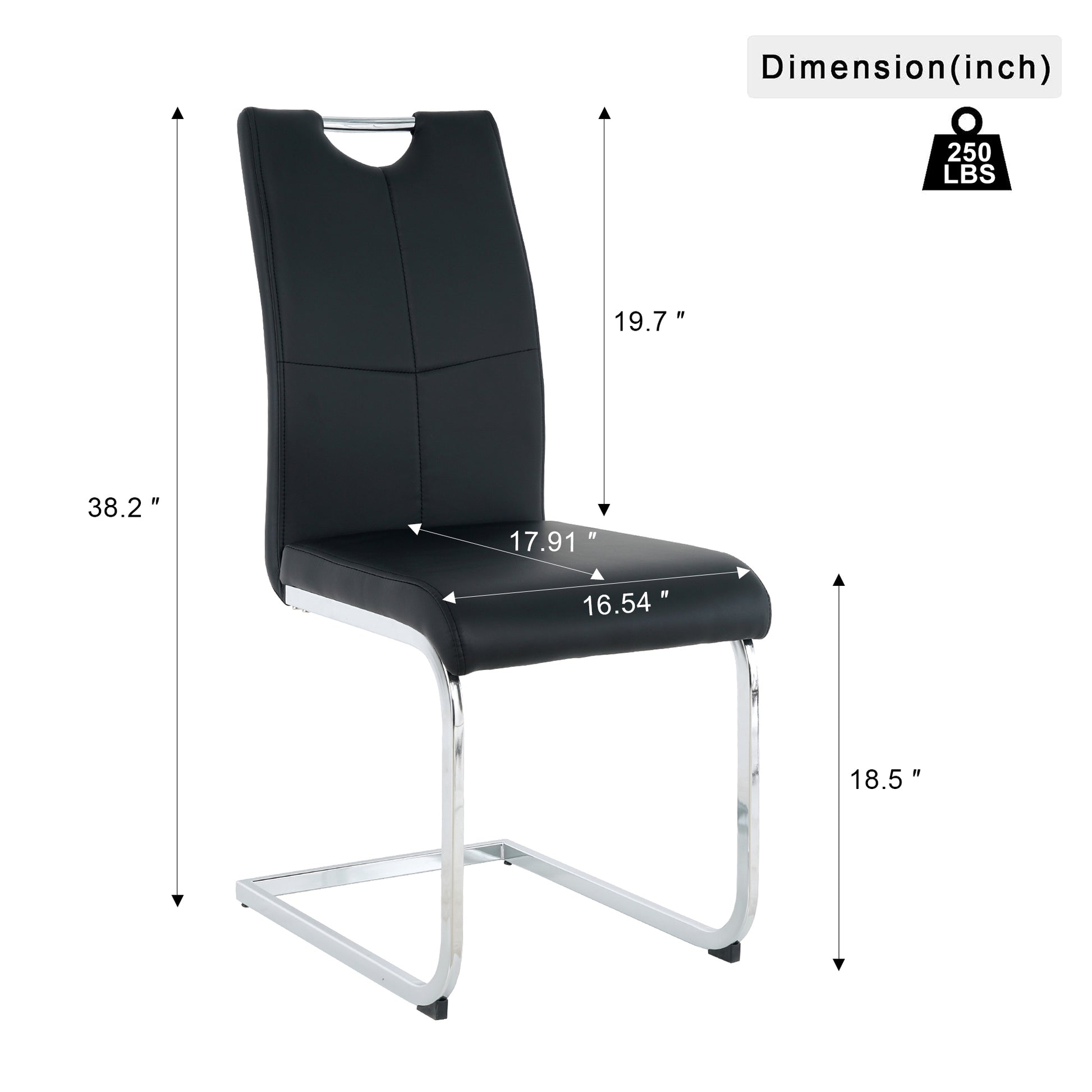 Black faux leather dining chair with chrome cantilever base