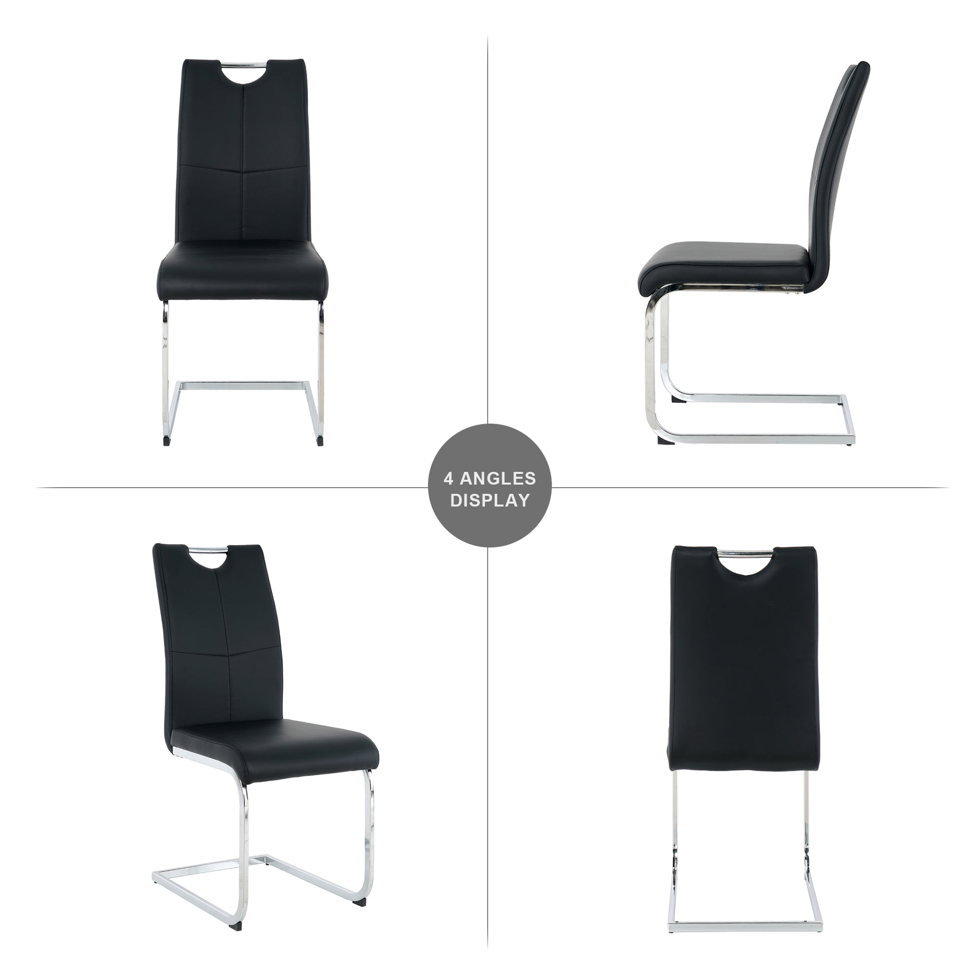 Black faux leather dining chair with chrome cantilever base