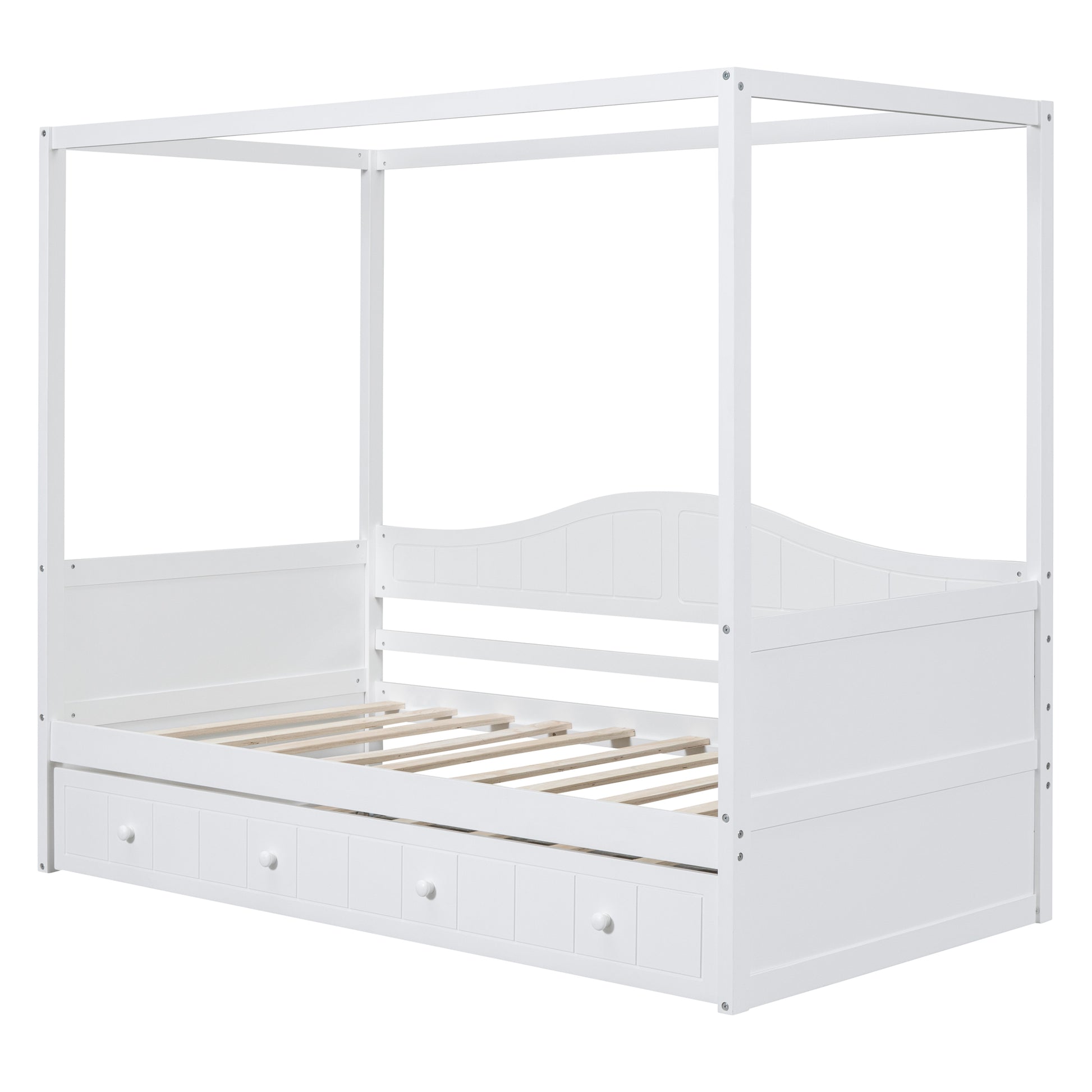 White canopy daybed with pullout drawers and wooden slats