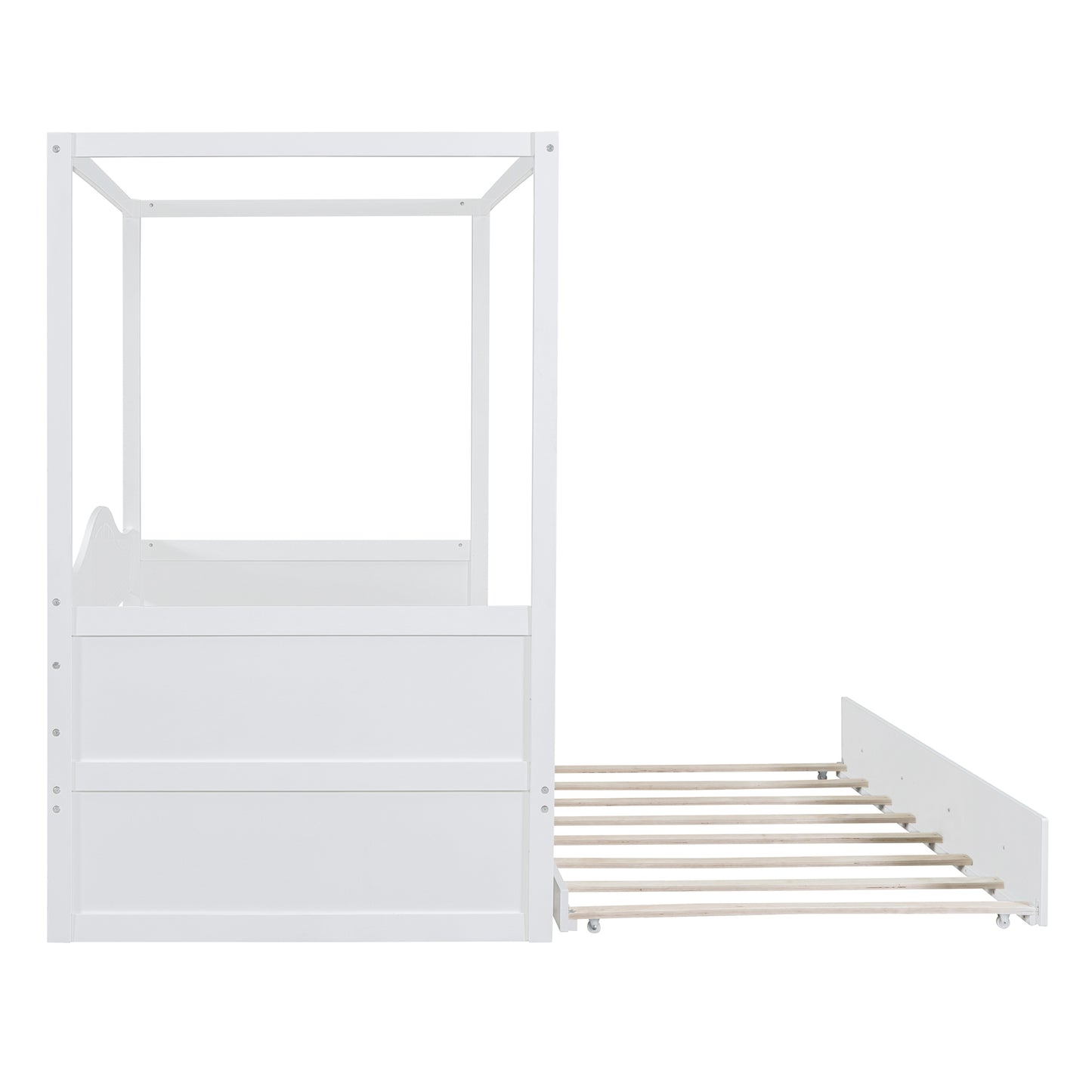 White wood canopy bed with pullout trundle on casters