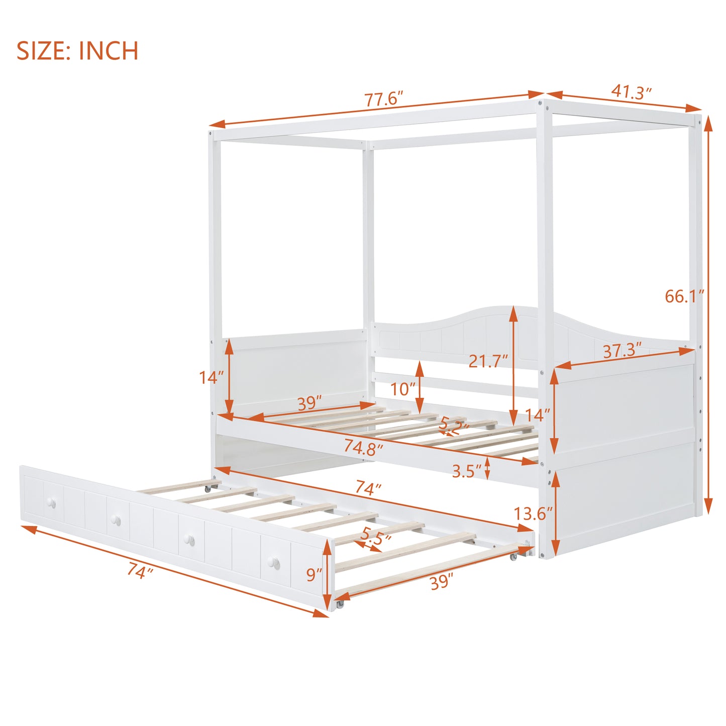 White canopy daybed with pullout trundle and dimensional measurements