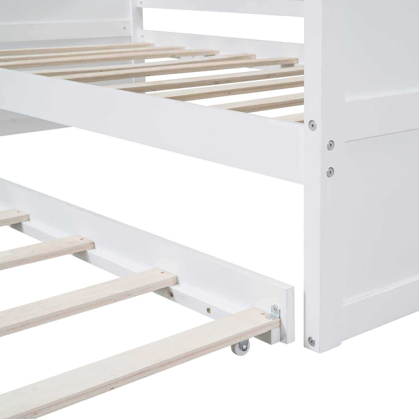 White wooden bed frame with pullout trundle bed and slats