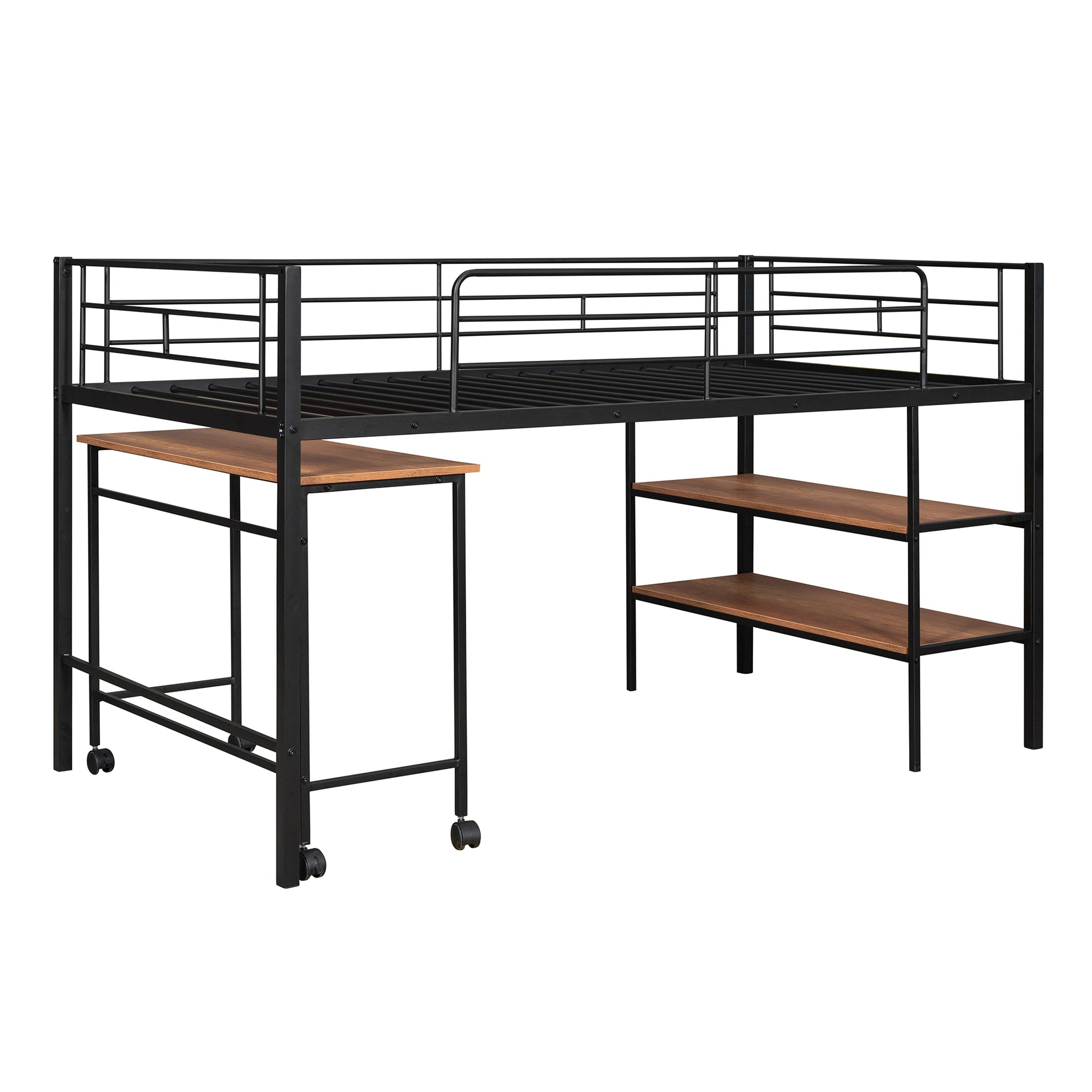 Black metal loft bed with integrated desk and shelves