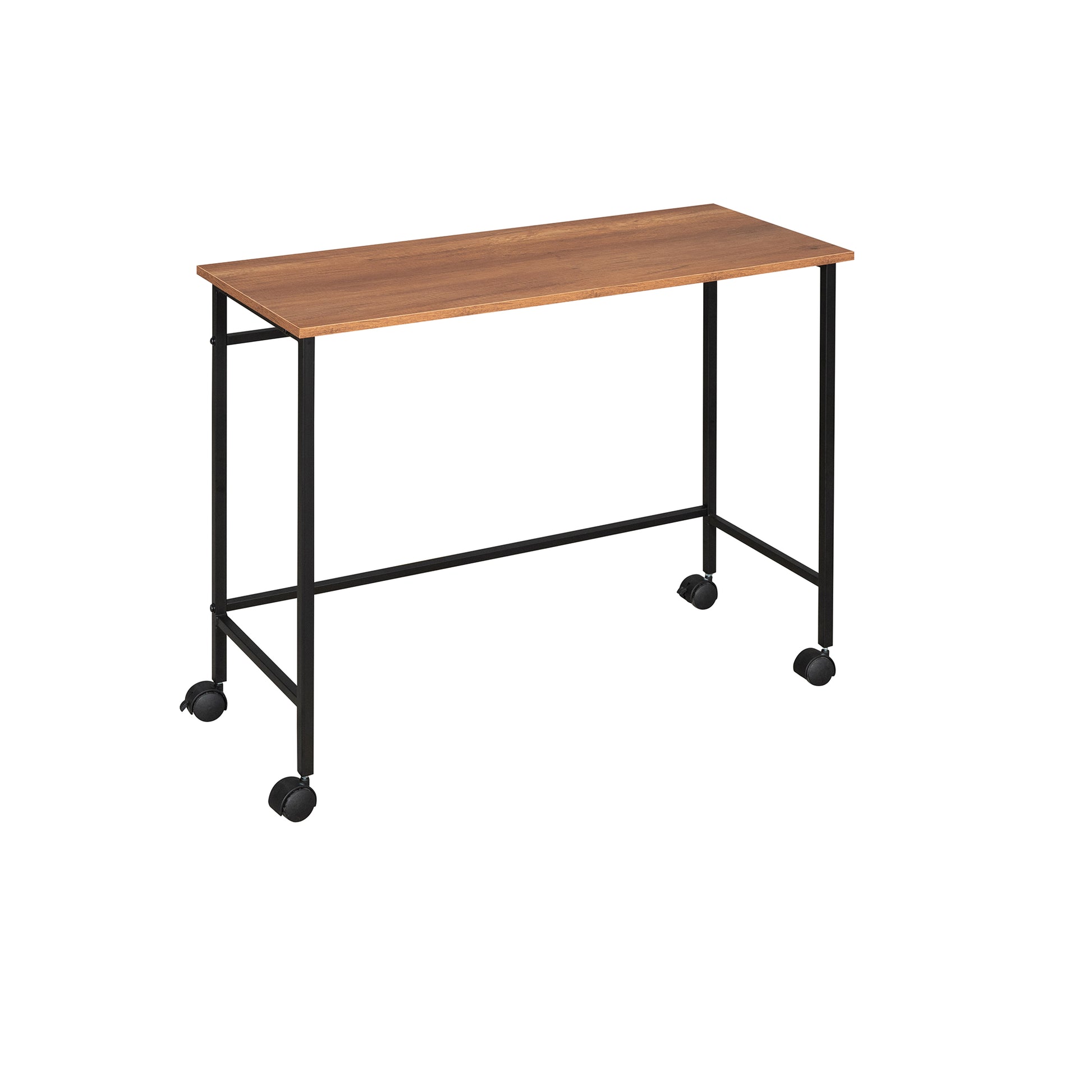 Slim oak veneer desk with black metal legs and caster wheels