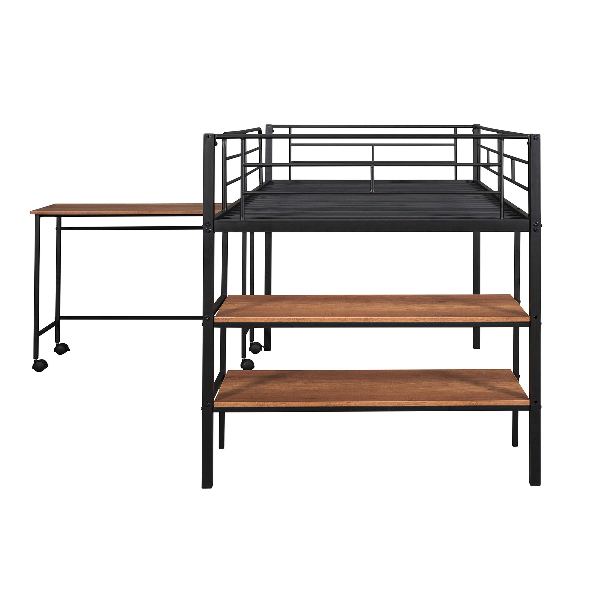 Black metal loft bed frame with integrated desk and three wood shelves