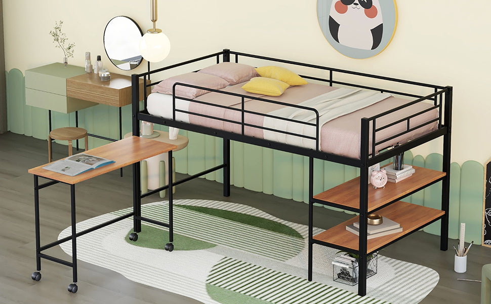 Black metal loft bed with desk and shelves for kids room
