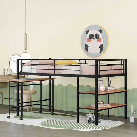 Black metal twin loft bed with desk and shelves