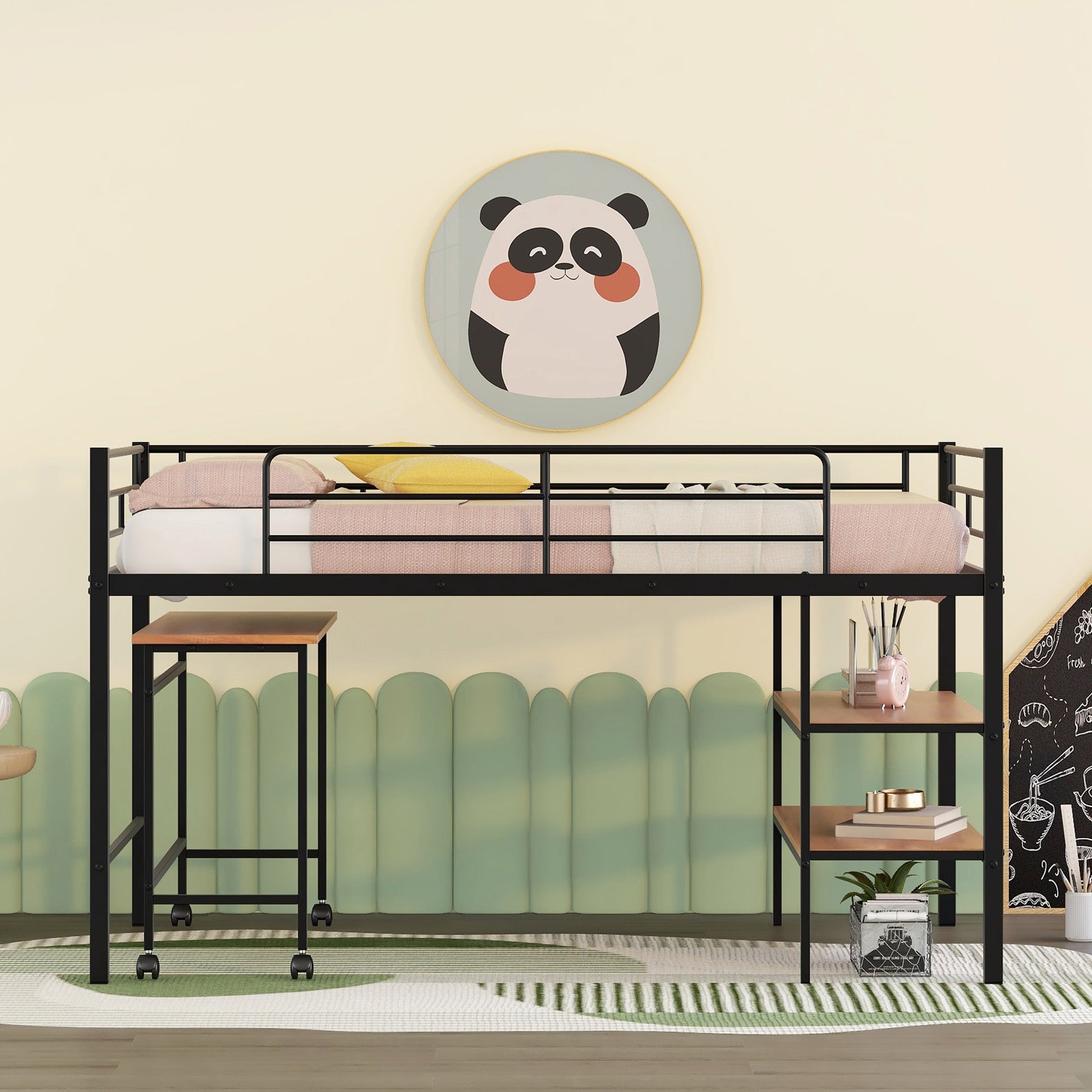 Black metal loft bed with desk and shelves