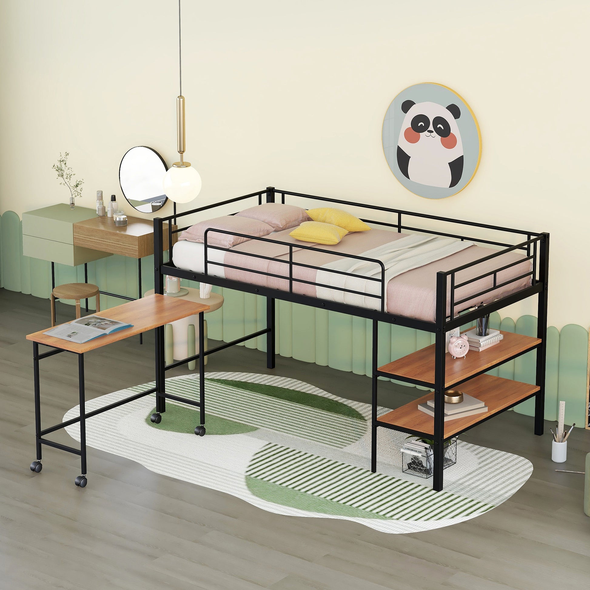 Black metal loft bed with desk and shelves for small spaces