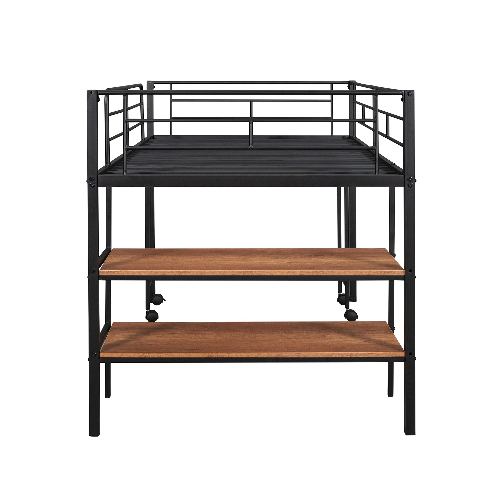 Black metal loft bed frame with integrated wooden shelves