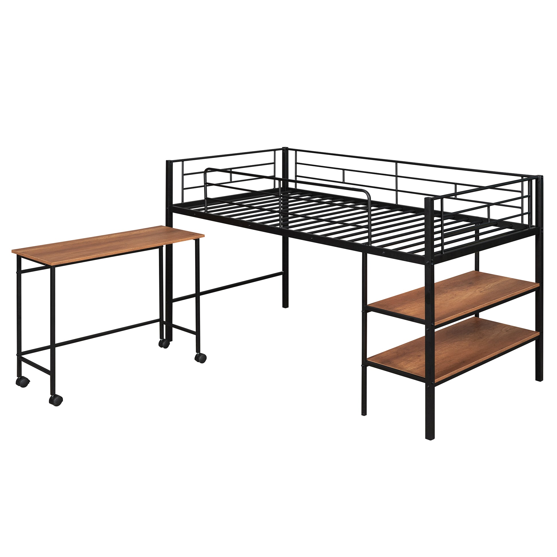 Black metal loft bed with desk and shelves