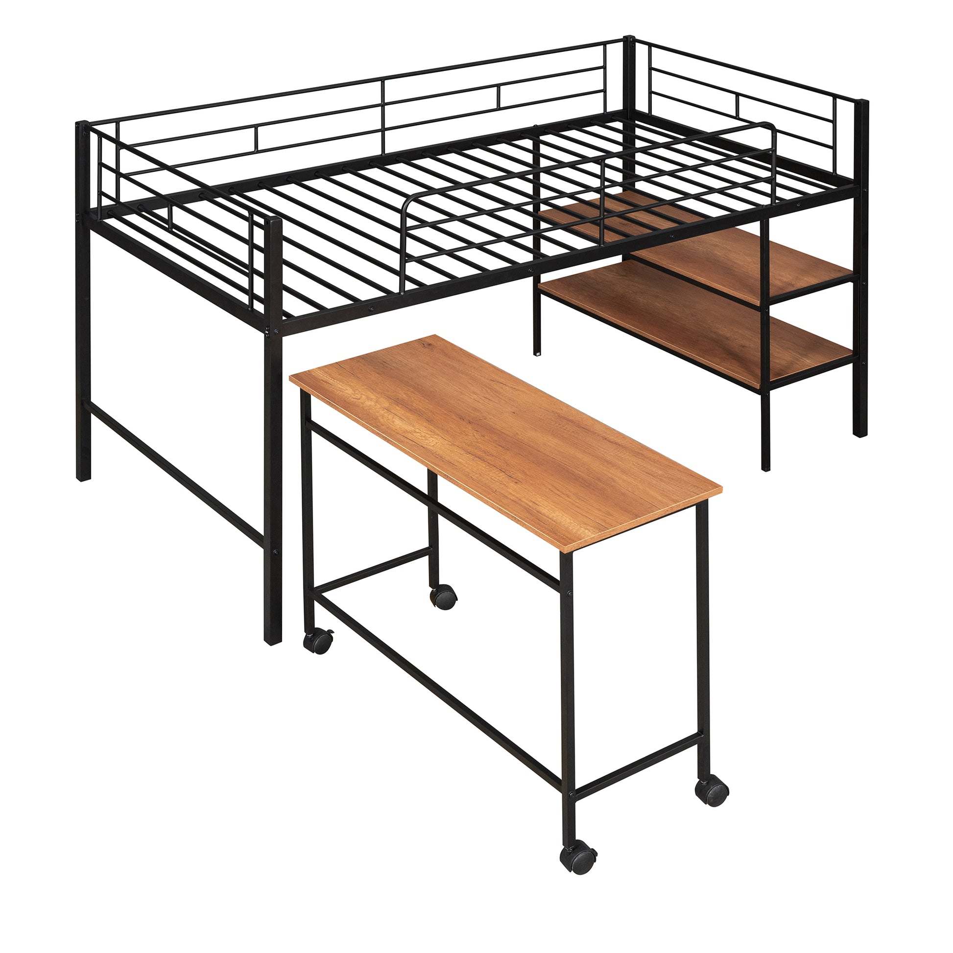 Black metal loft bed with attached desk and wood shelves