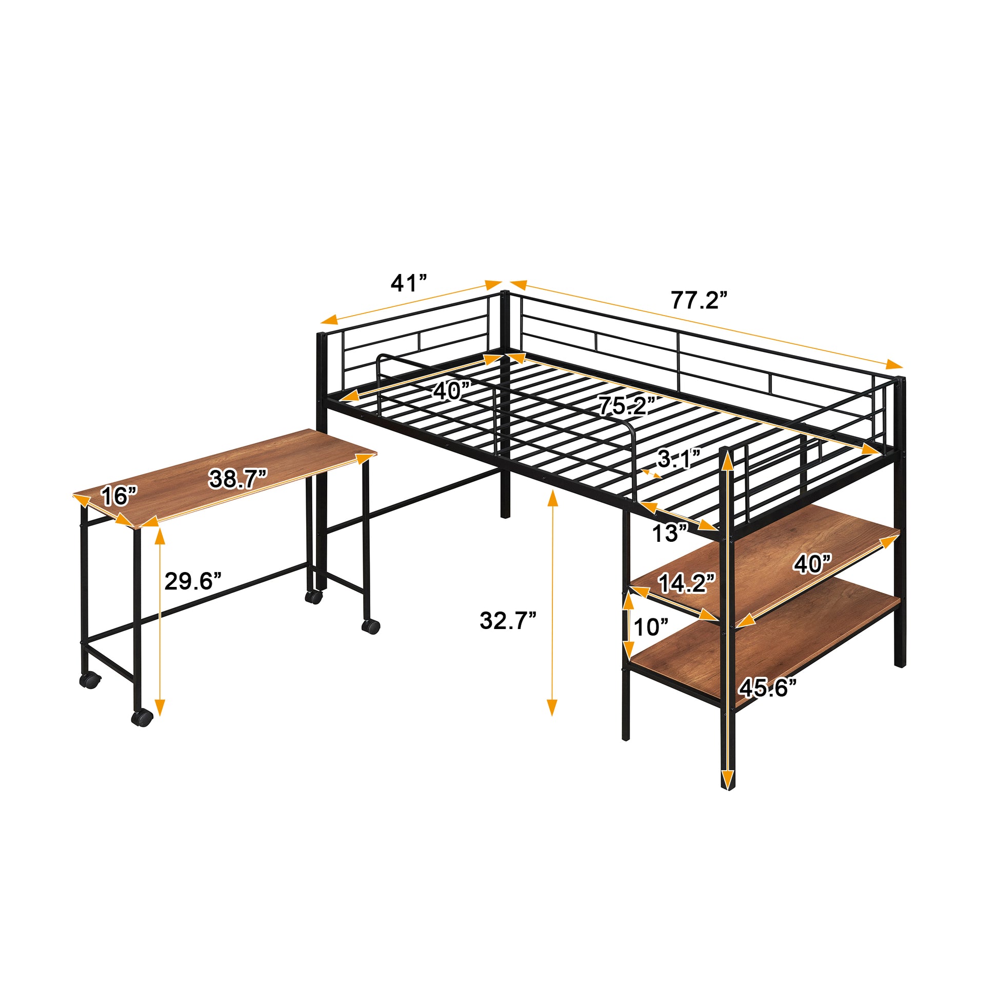 Black metal loft bed with attached desk and shelves