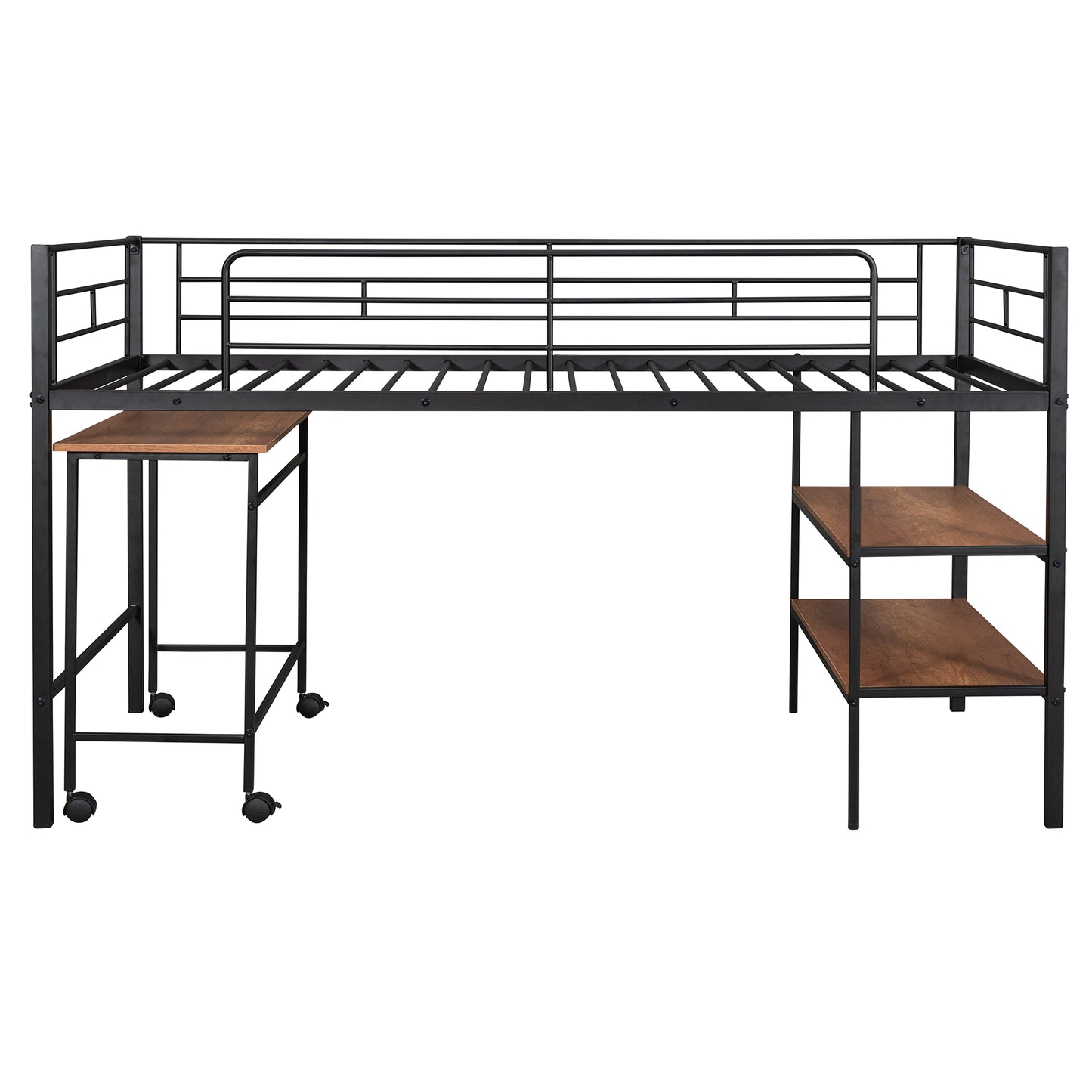 Black metal loft bed with attached desk and wood shelves