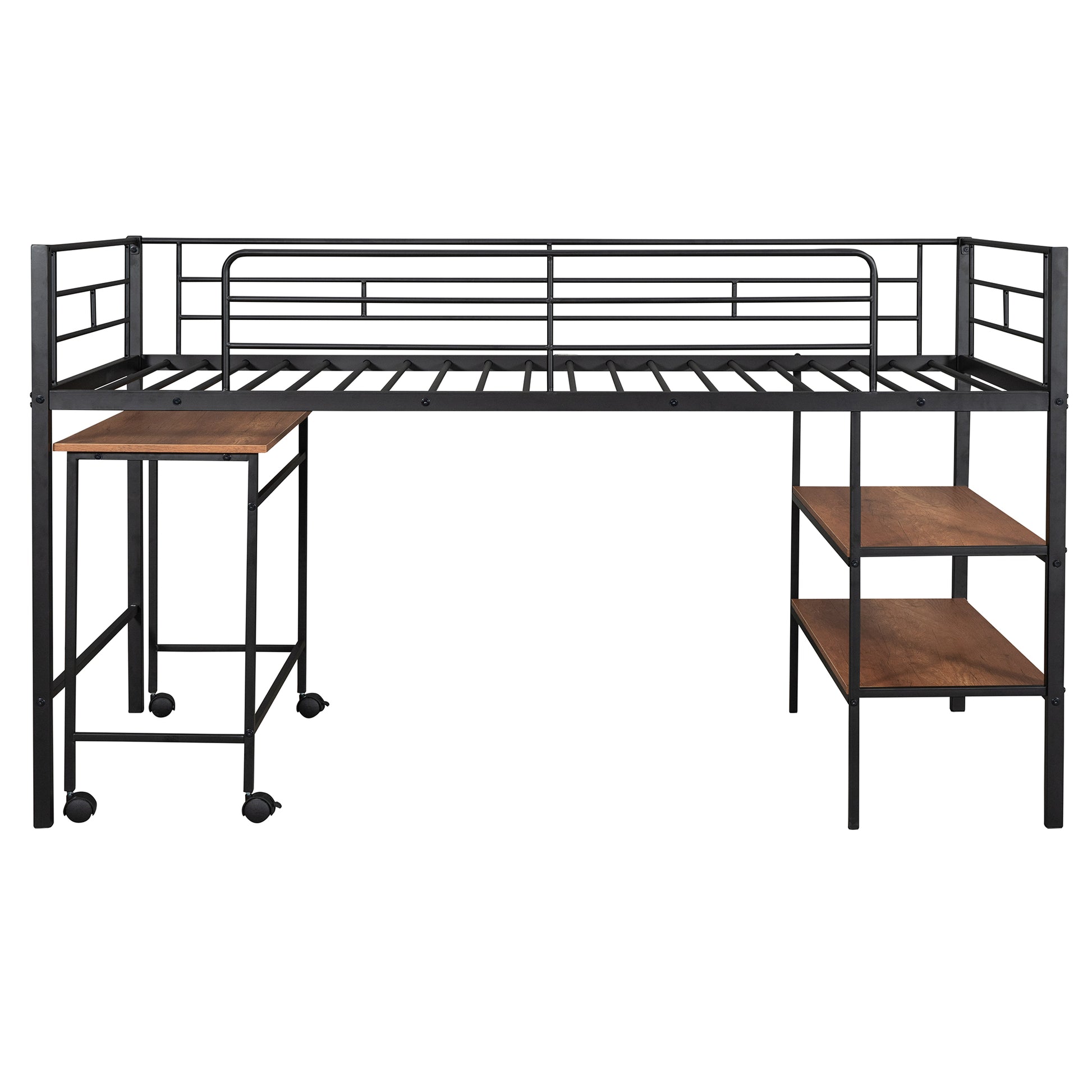 Black metal loft bed with attached desk and wood shelves