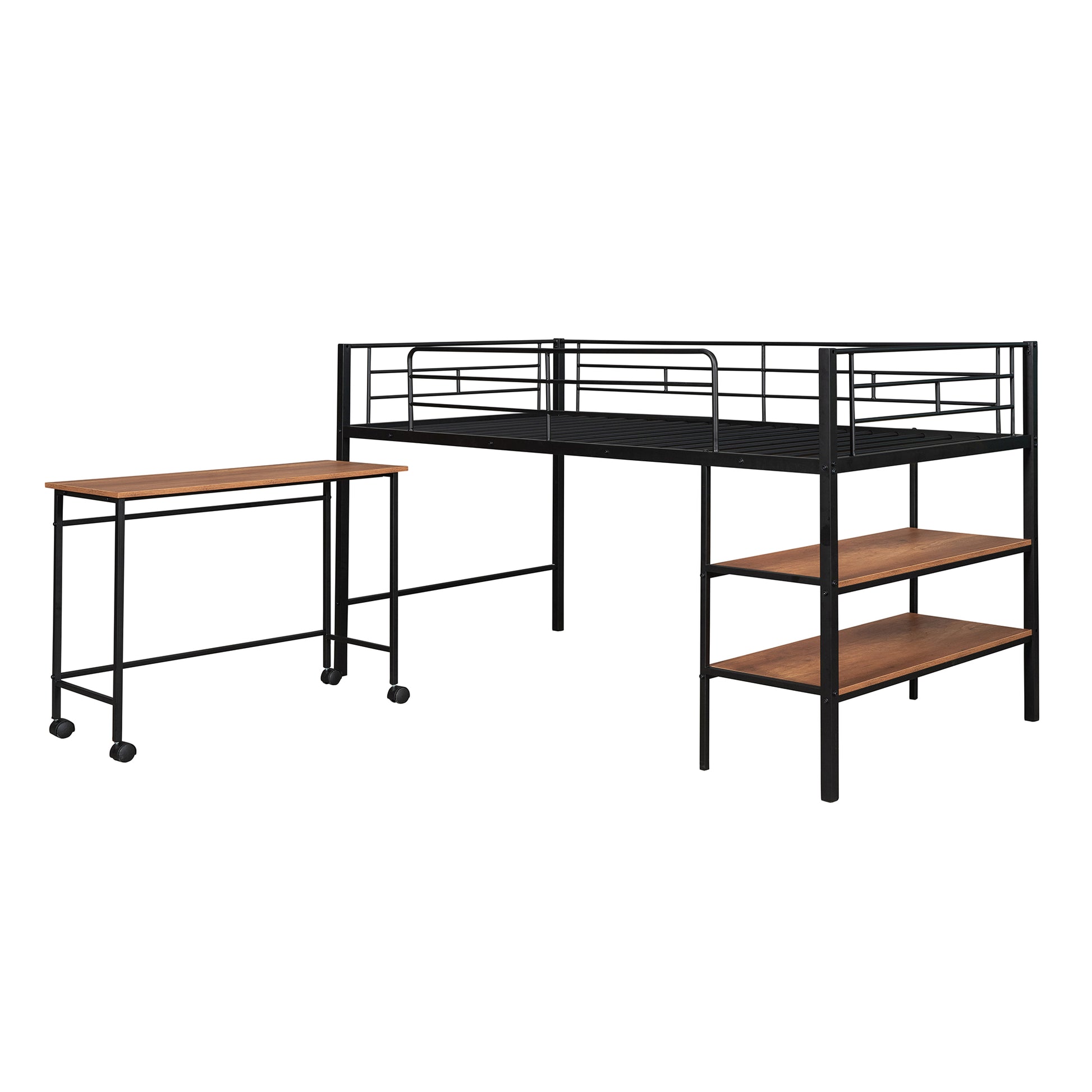 Black metal loft bed with wood shelves and integrated desk