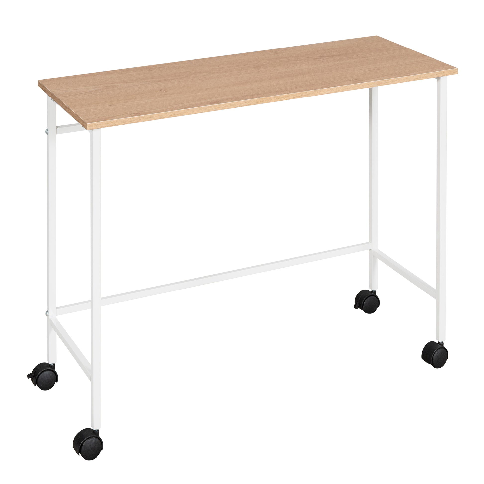 Light oak standing desk with white metal frame and black casters