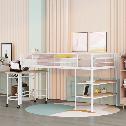 White metal loft bed with integrated desk and shelves for kids