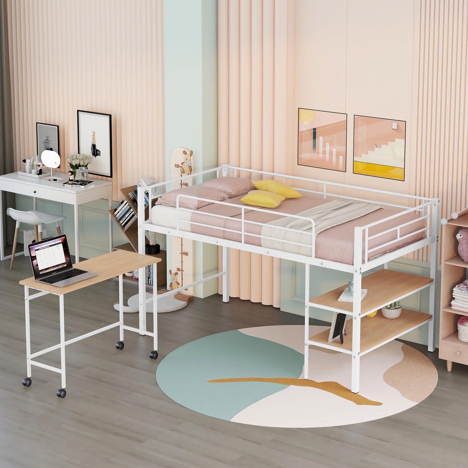 White metal loft bed with pink bedding yellow pillows and attached shelving unit