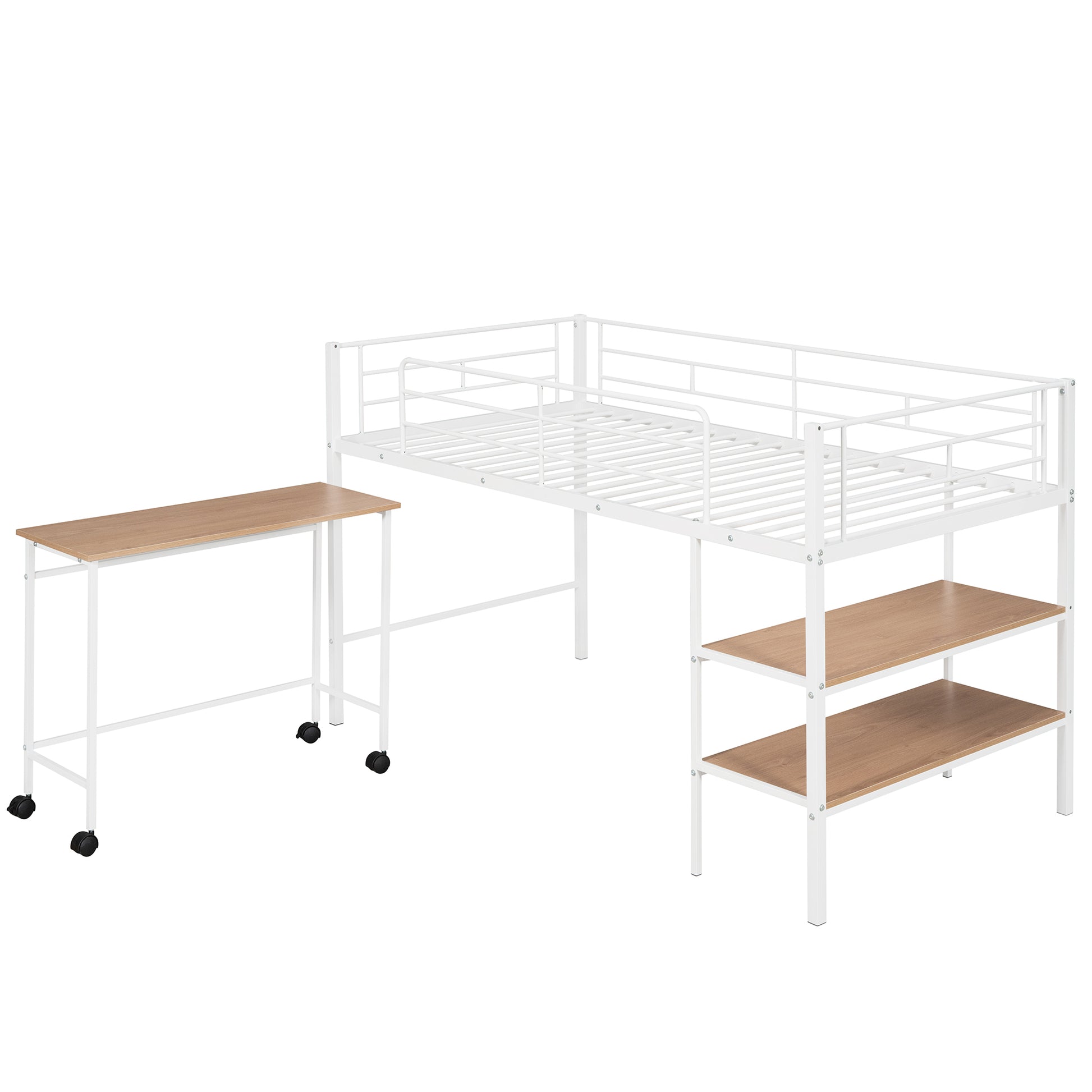 White metal loft bed with integrated desk and shelves