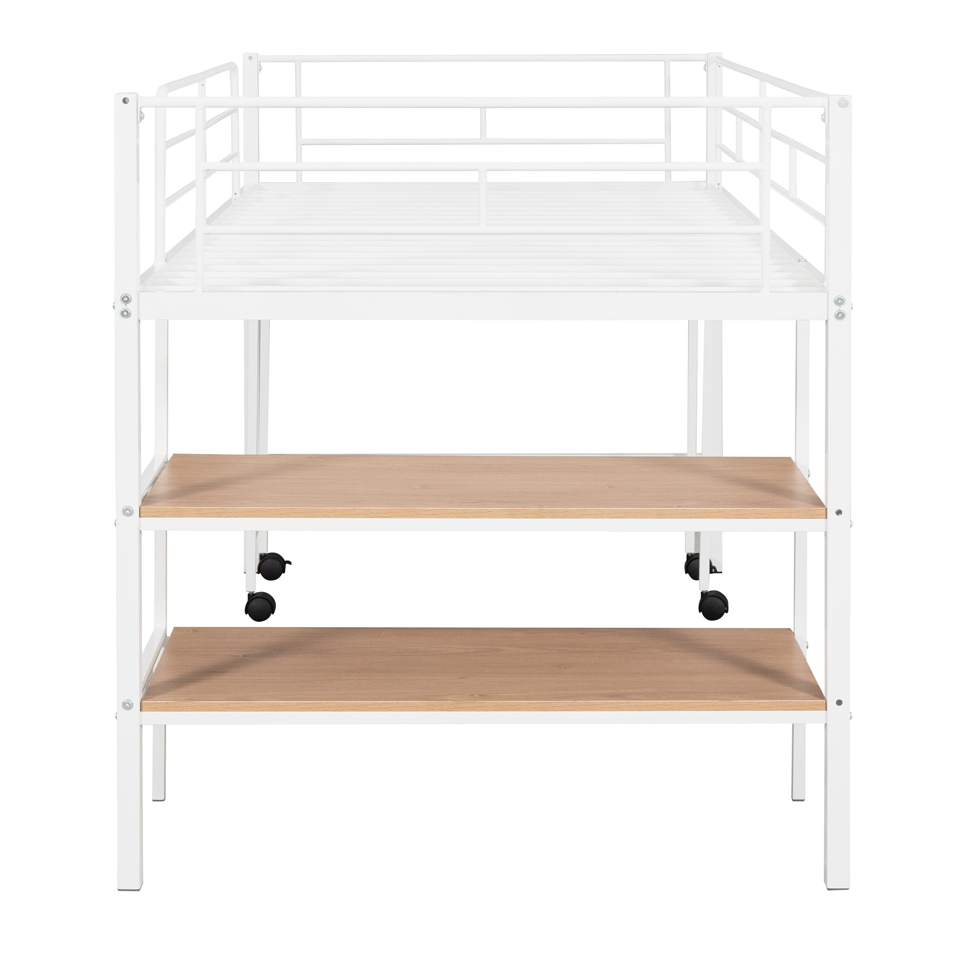 White metal loft bed frame with two wood shelves and wheels