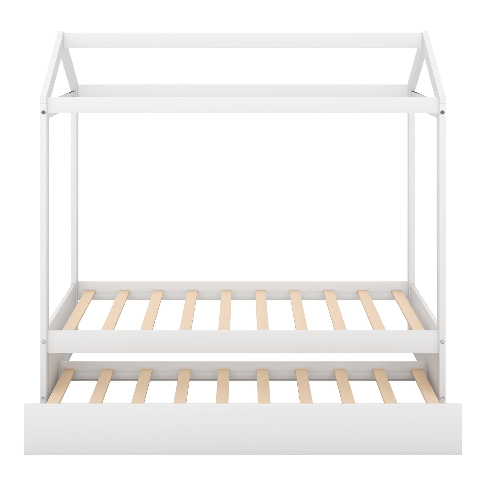 White wooden house bed frame with pullout trundle