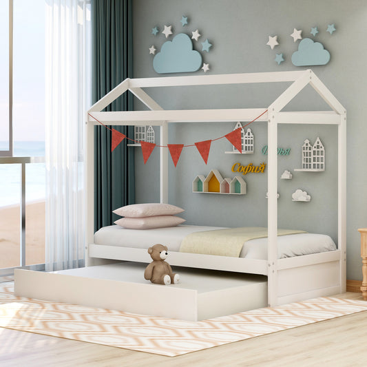 White wooden house bed frame with pullout trundle ideal for kids room