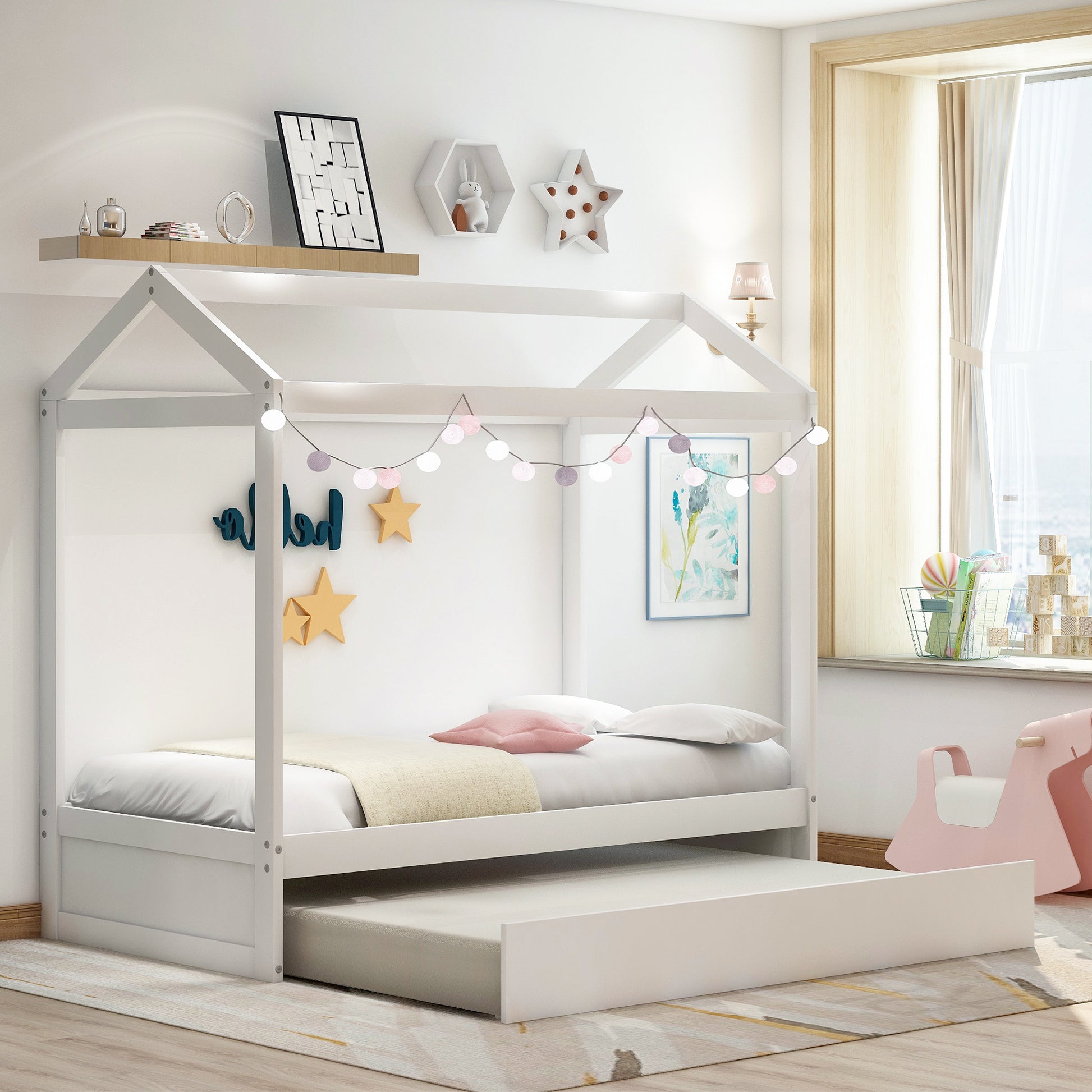 White wooden house bed frame with pullout trundle
