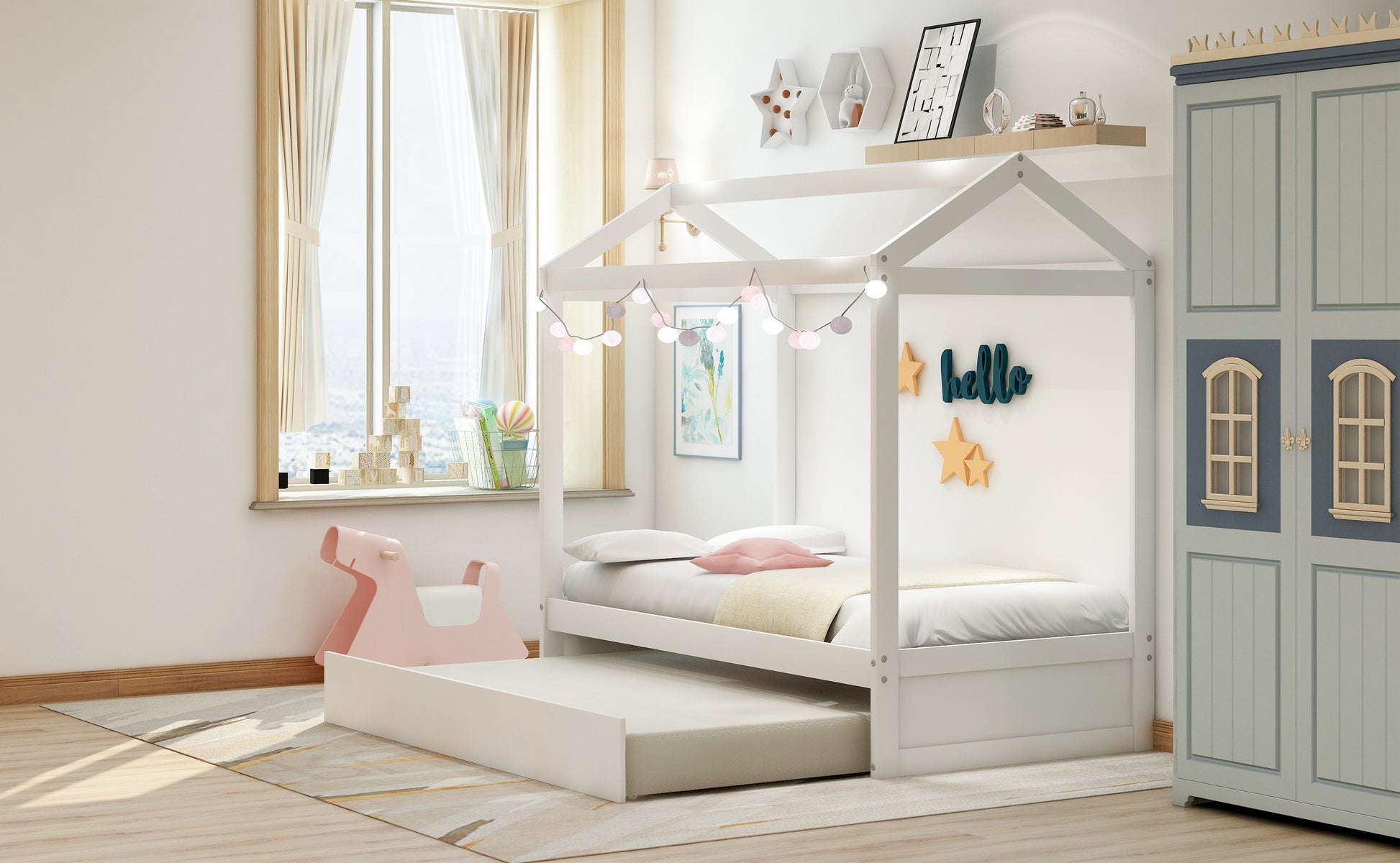 White wooden house bed frame with pullout trundle for kids