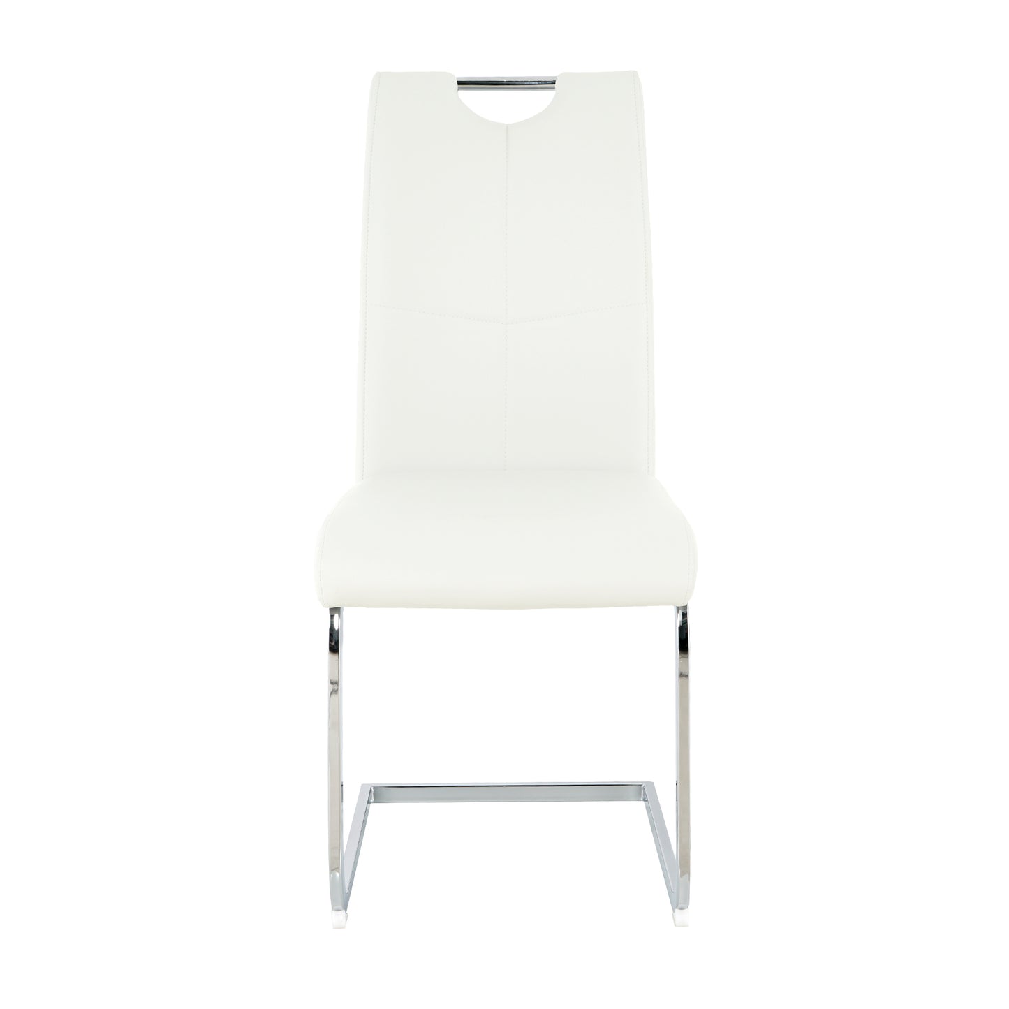 White leather dining chair with sleek chrome legs and integrated handle