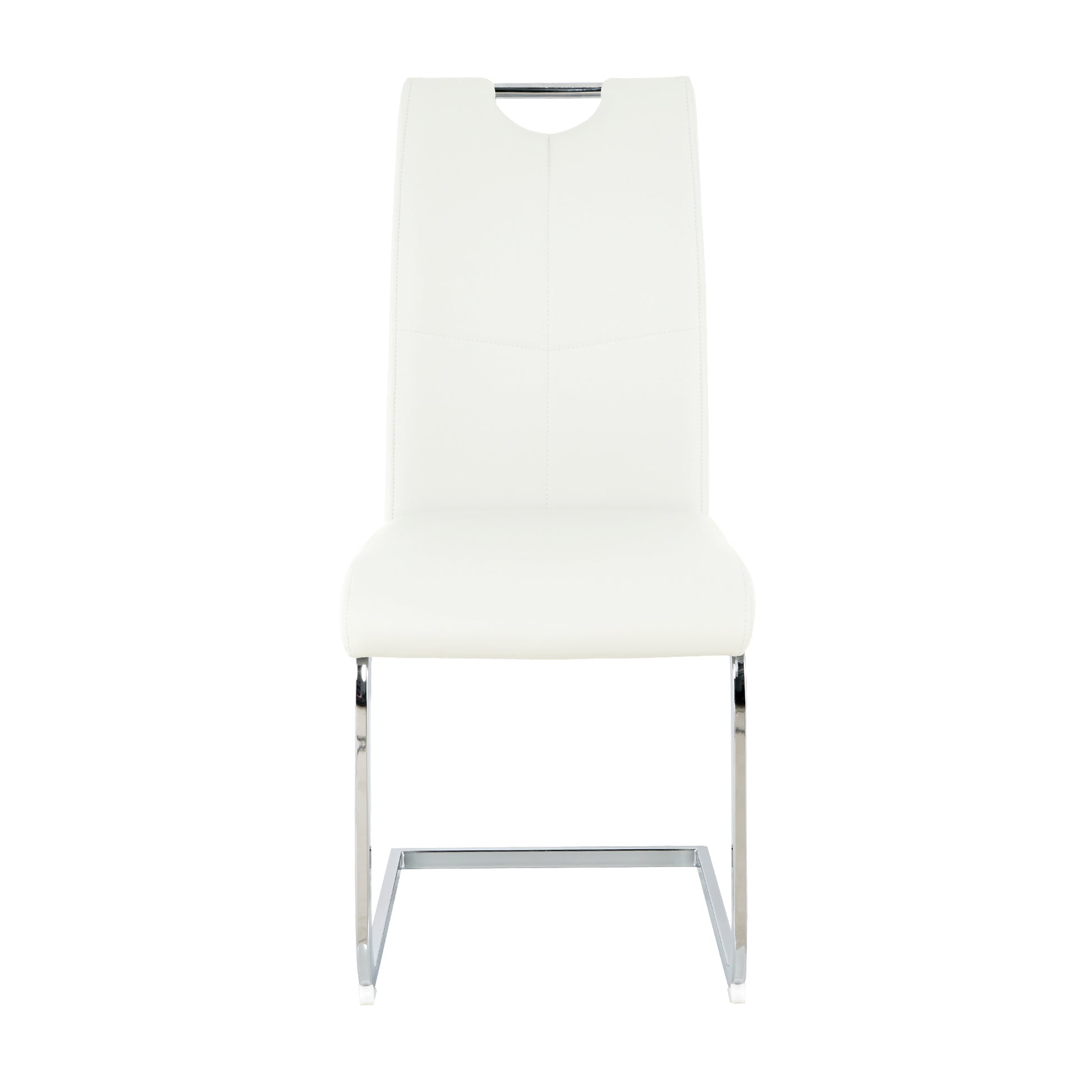 White leather dining chair with sleek chrome legs and integrated handle