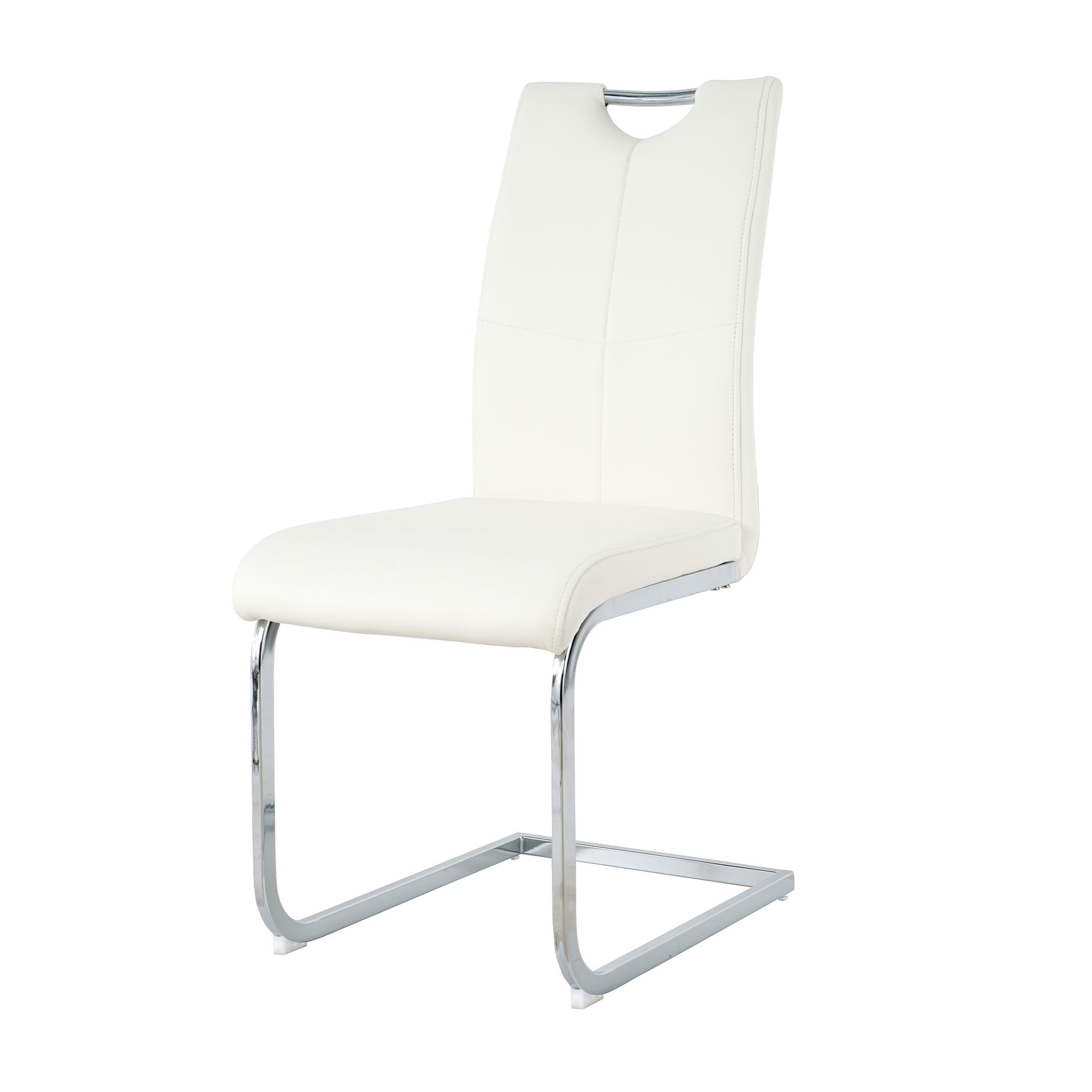 White faux leather dining chair with chrome cantilever base