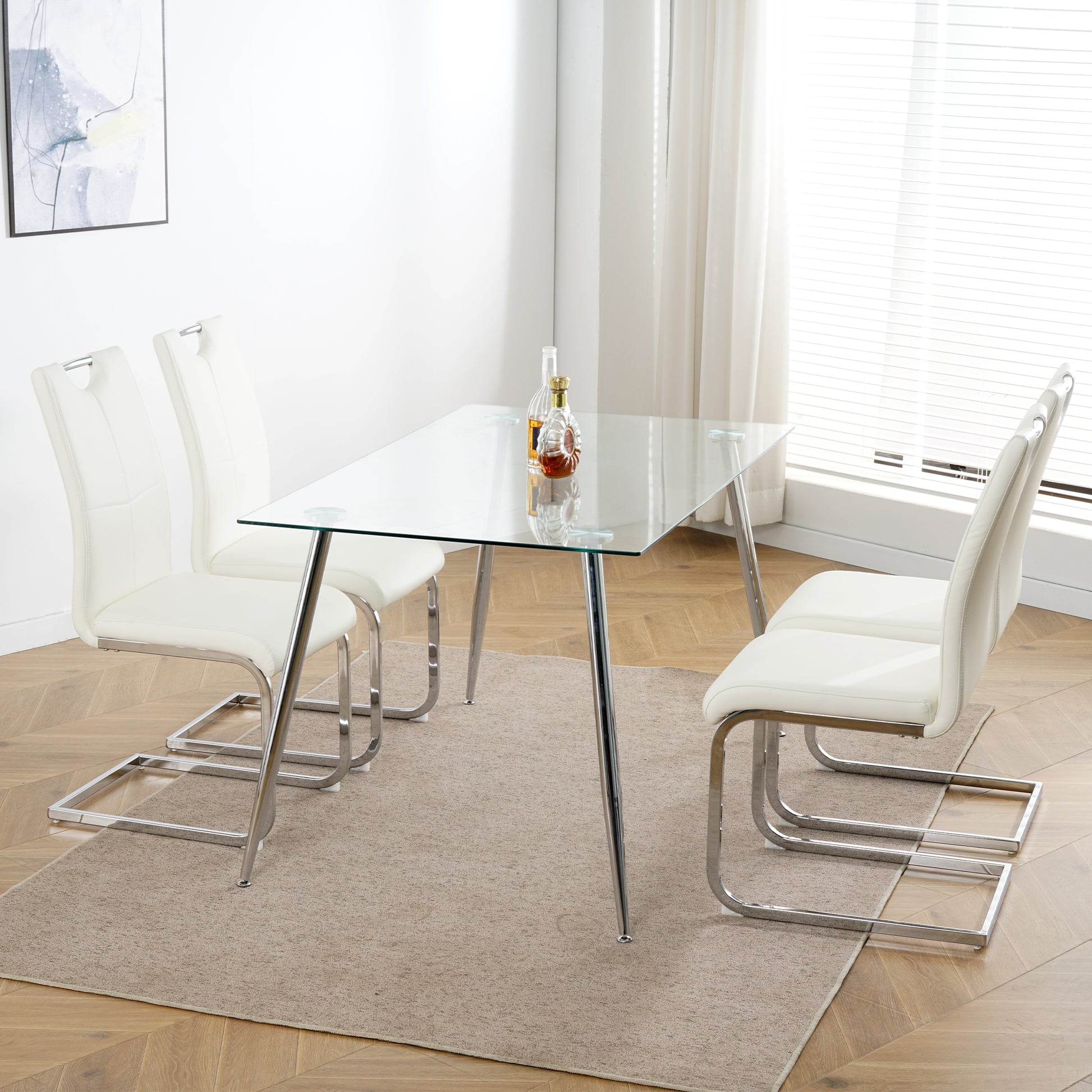 Modern white dining chairs with chrome cantilever legs