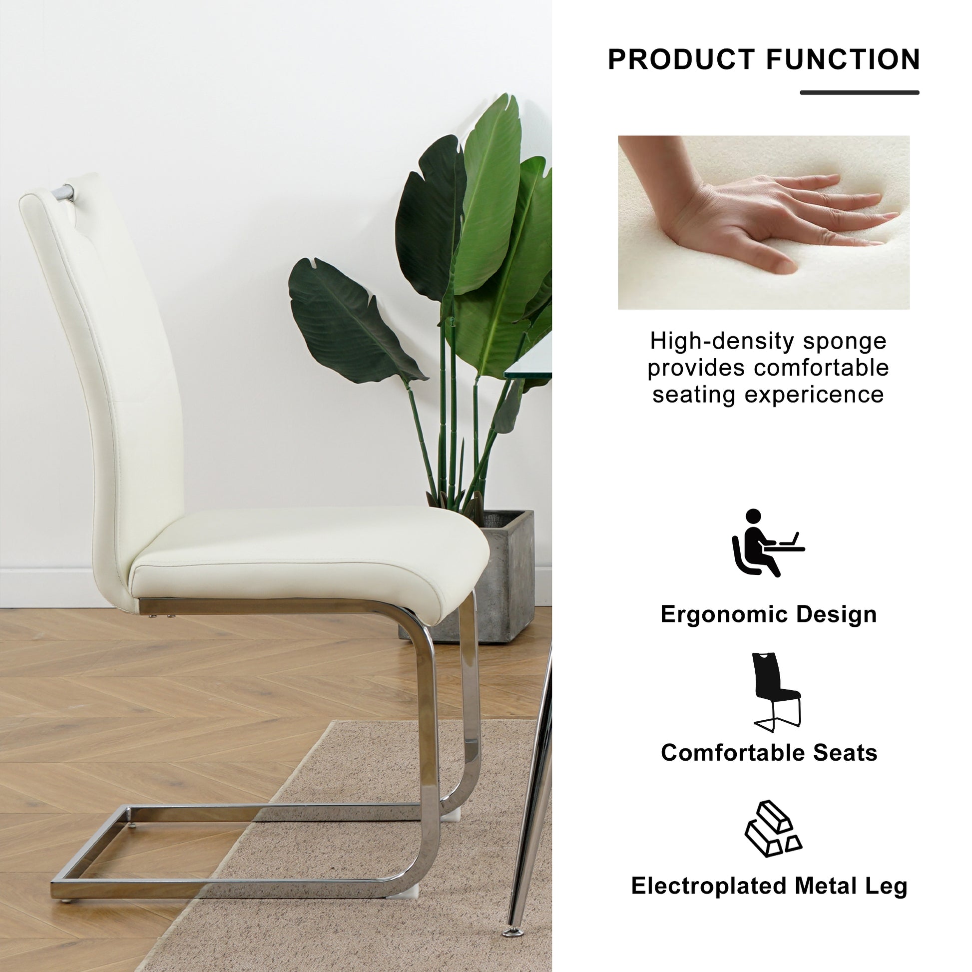 White faux leather dining chair with sleek chrome cantilever legs