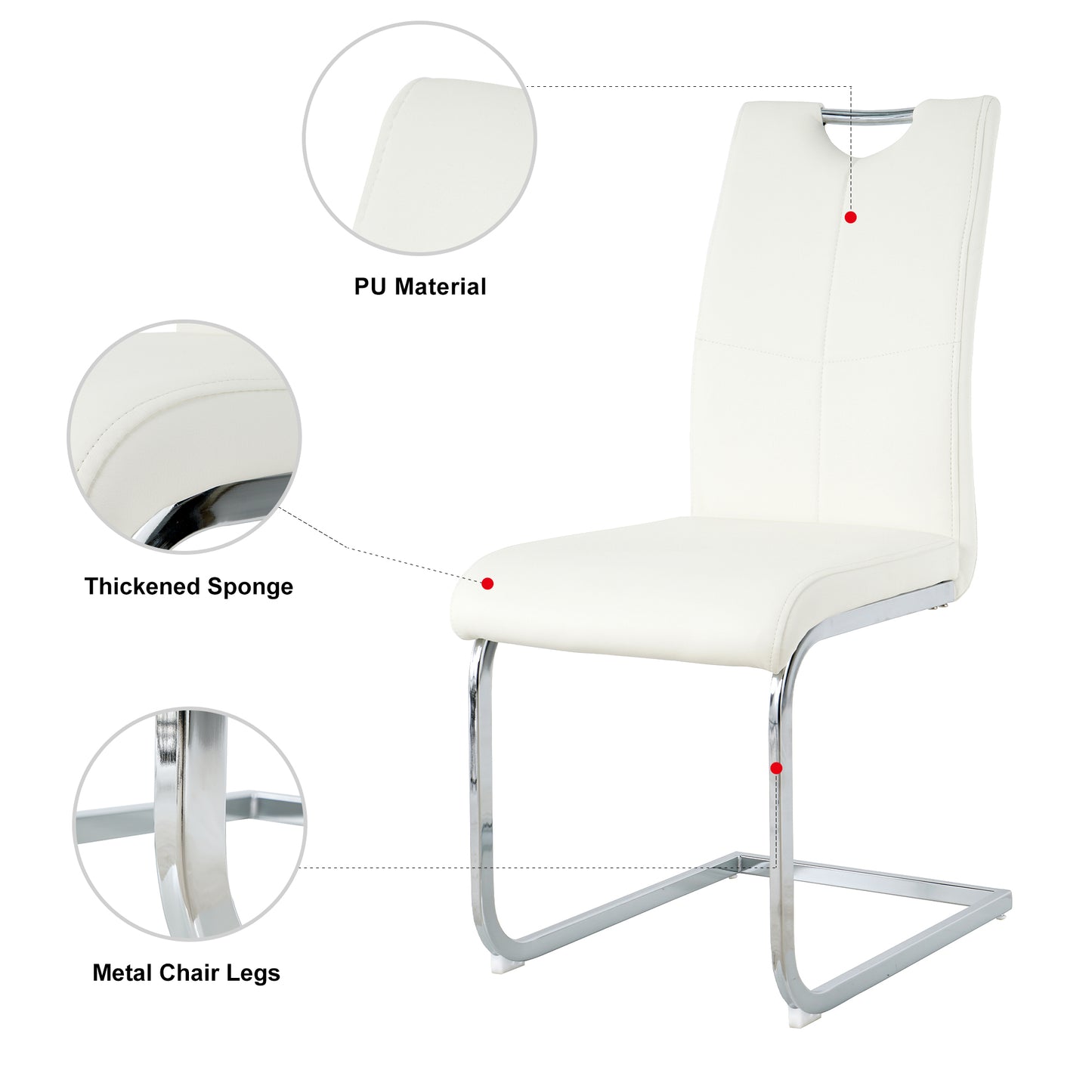 White PU dining chair with thickened sponge seat and chrome metal legs