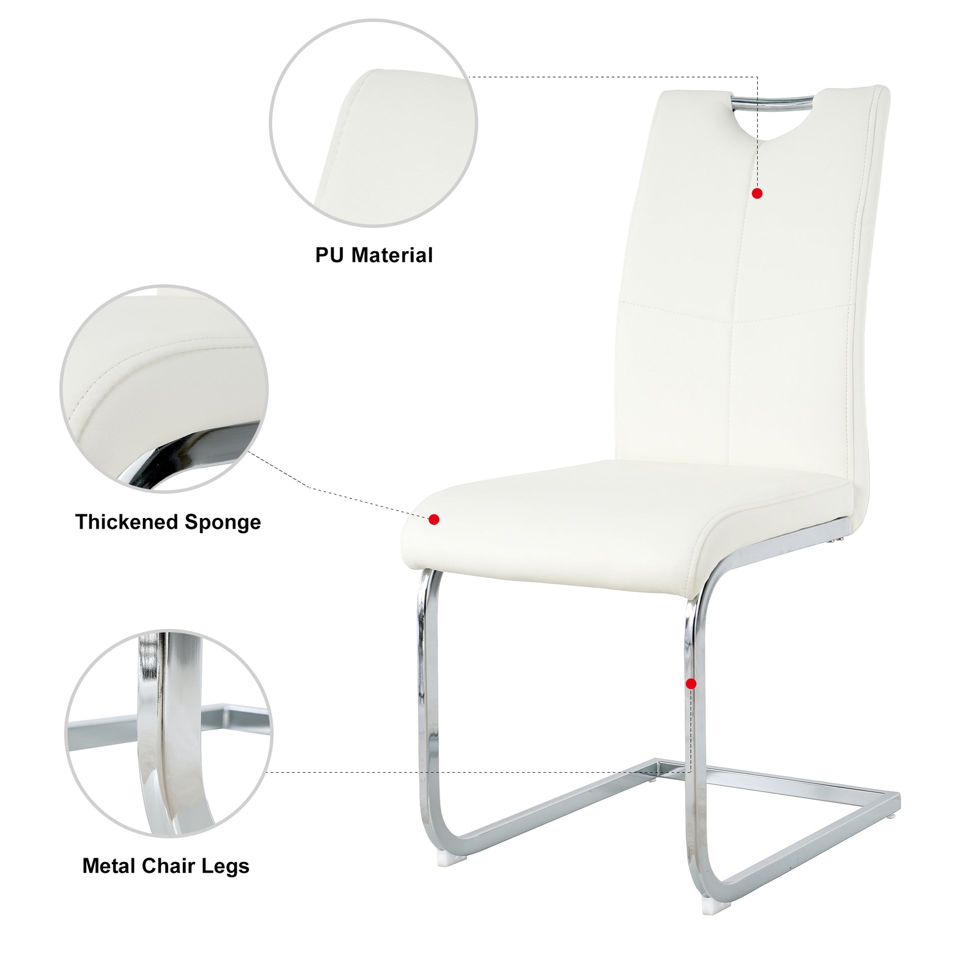 White PU dining chair with thickened sponge seat and chrome metal legs