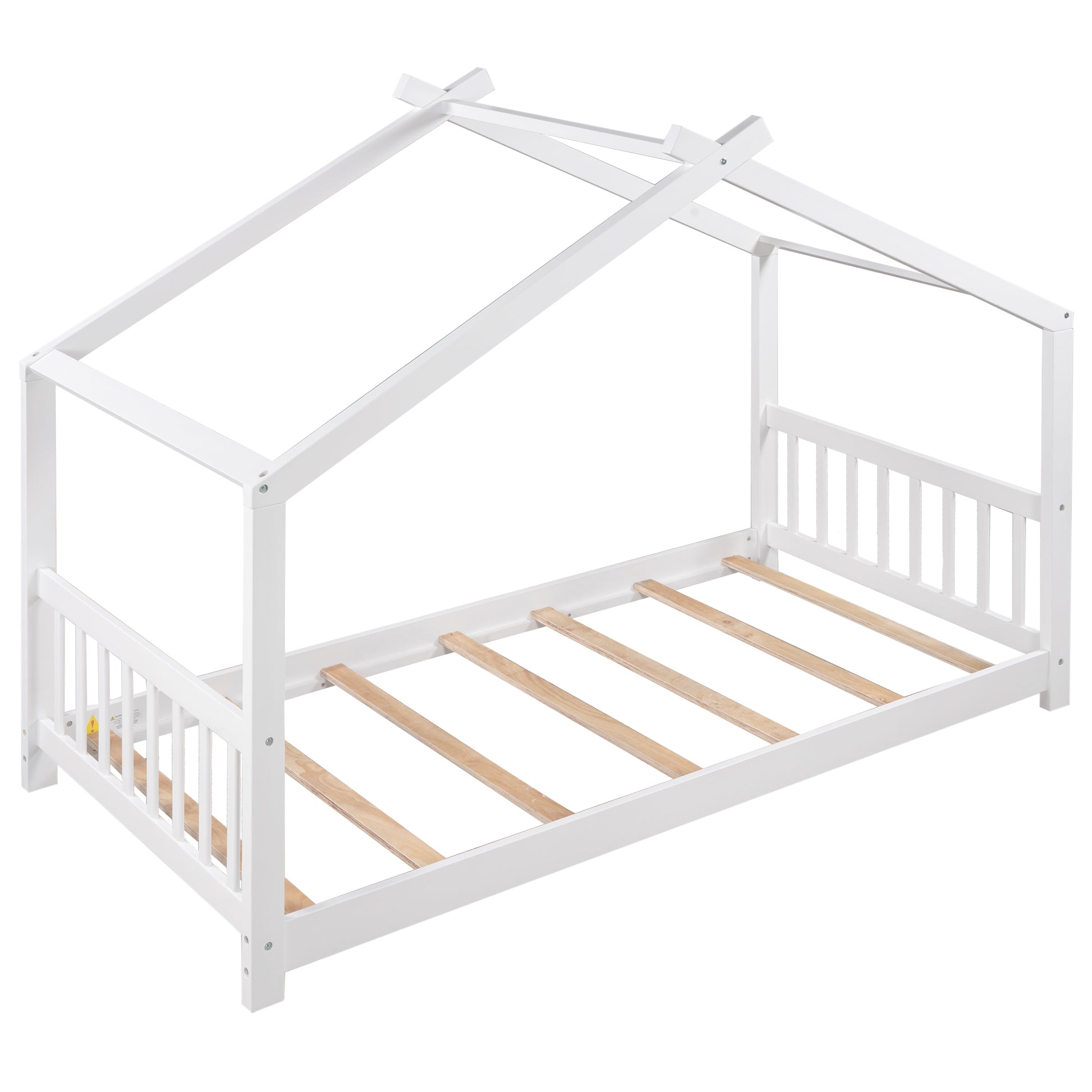 White wooden twin house bed frame with slatted base