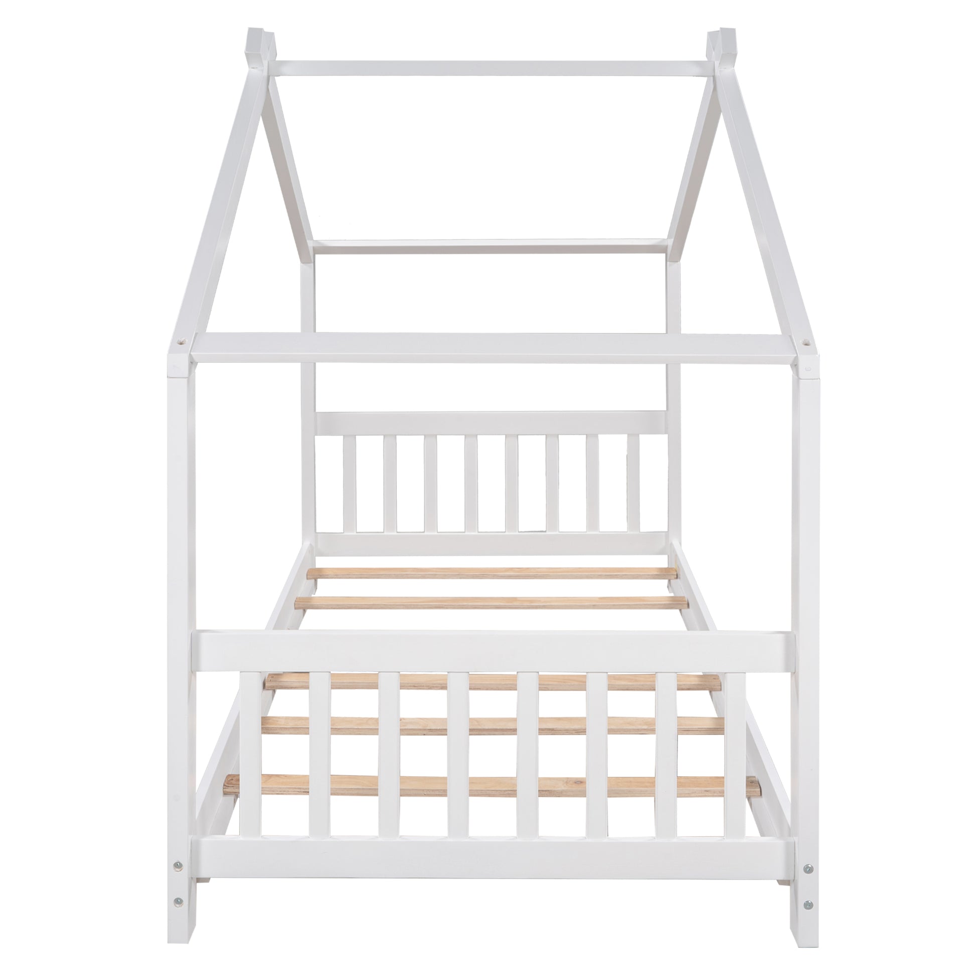 White wooden house bed frame with slatted base and angled roof supports for nursery