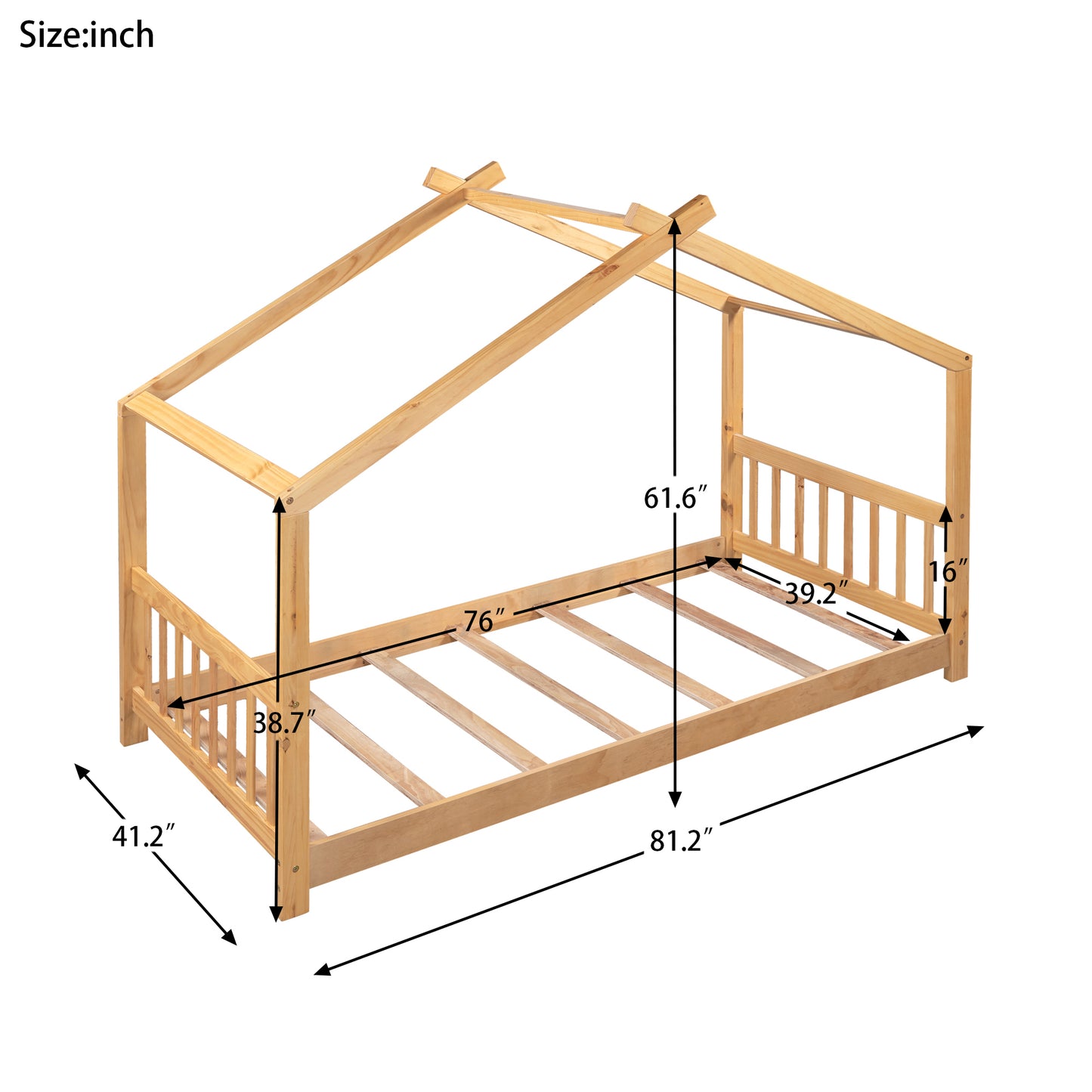 Natural wood twin house bed frame with slatted base and safety rails