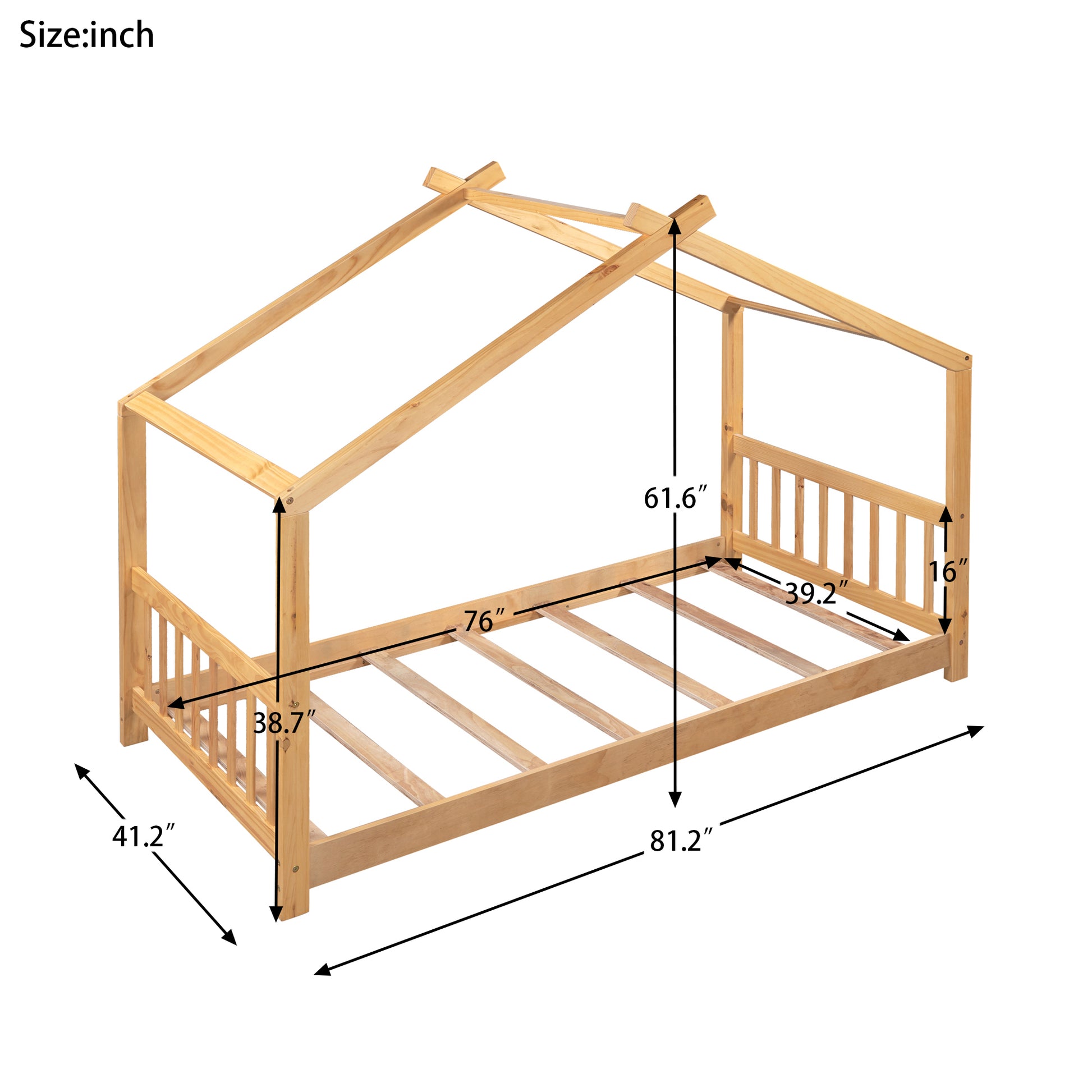 Natural wood twin house bed frame with slatted base and safety rails