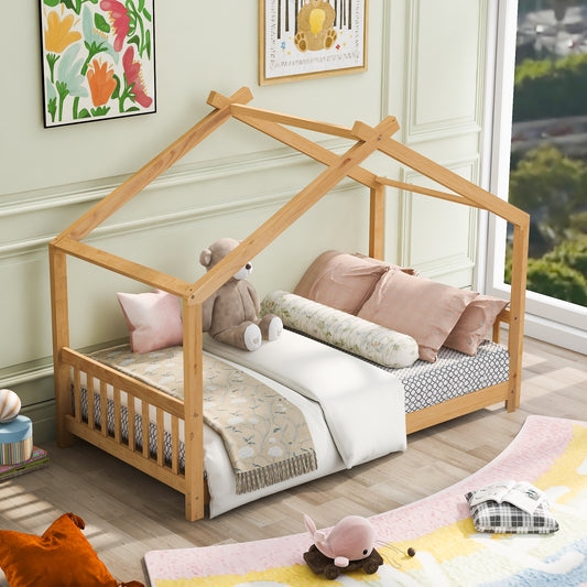 Wooden house bed frame with toddler bed mattress and bedding